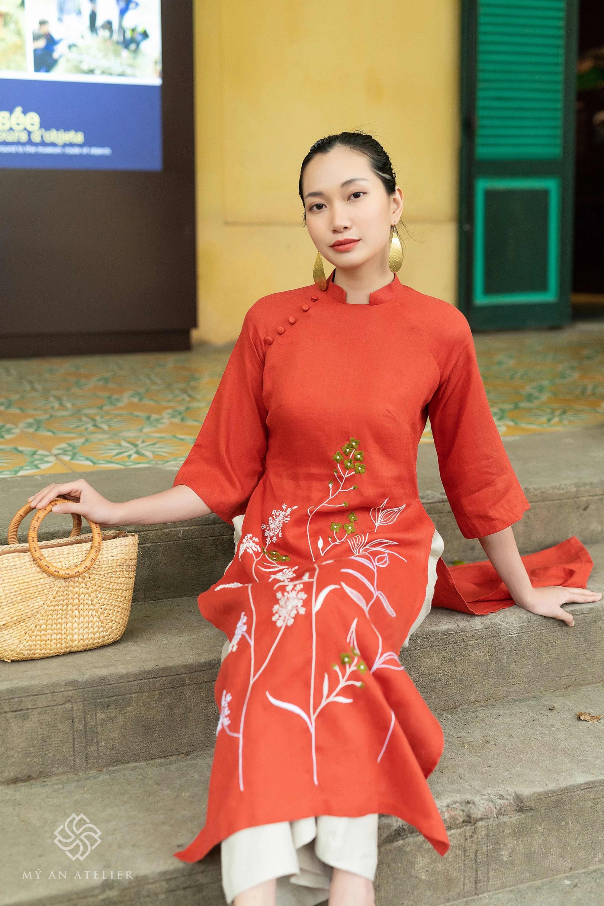 Hand-embroidered linen red ao dai