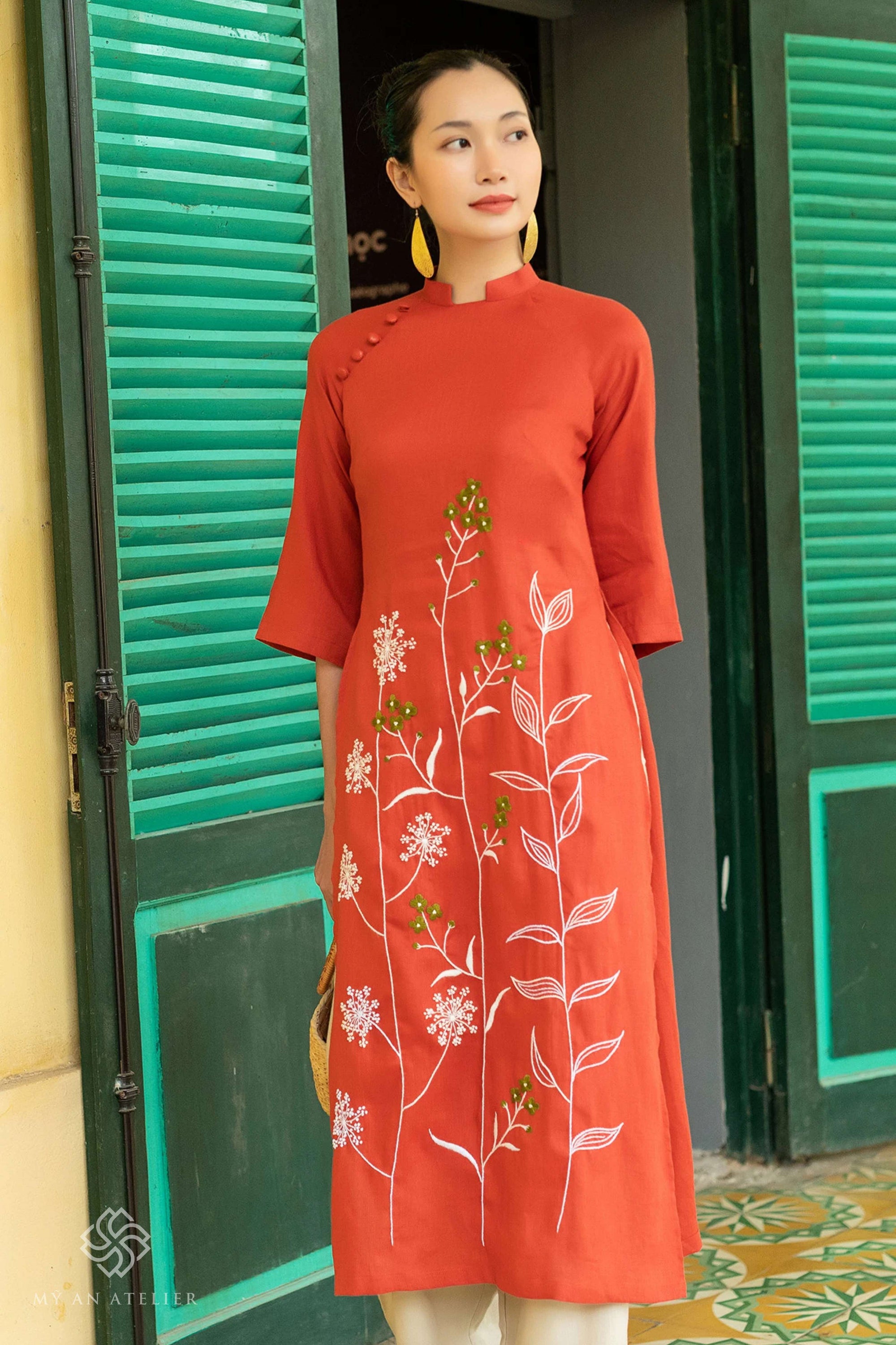Hand-embroidered linen red ao dai