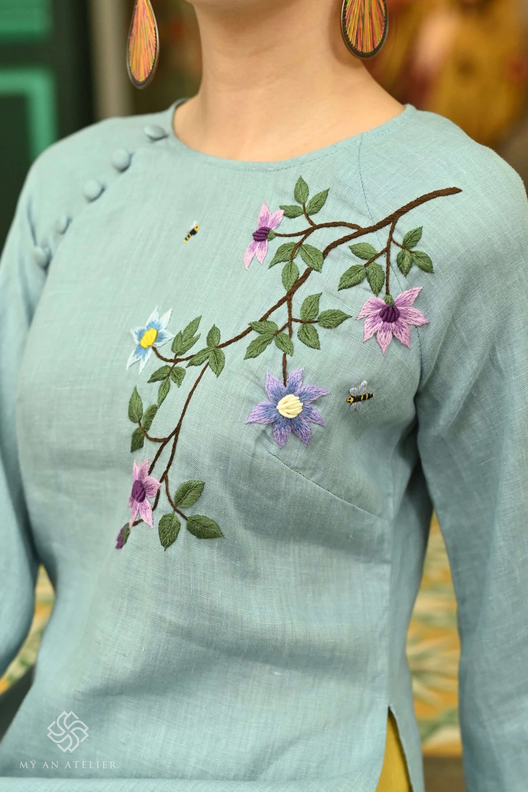 Hand-embroidered linen Vietnamese ao dai