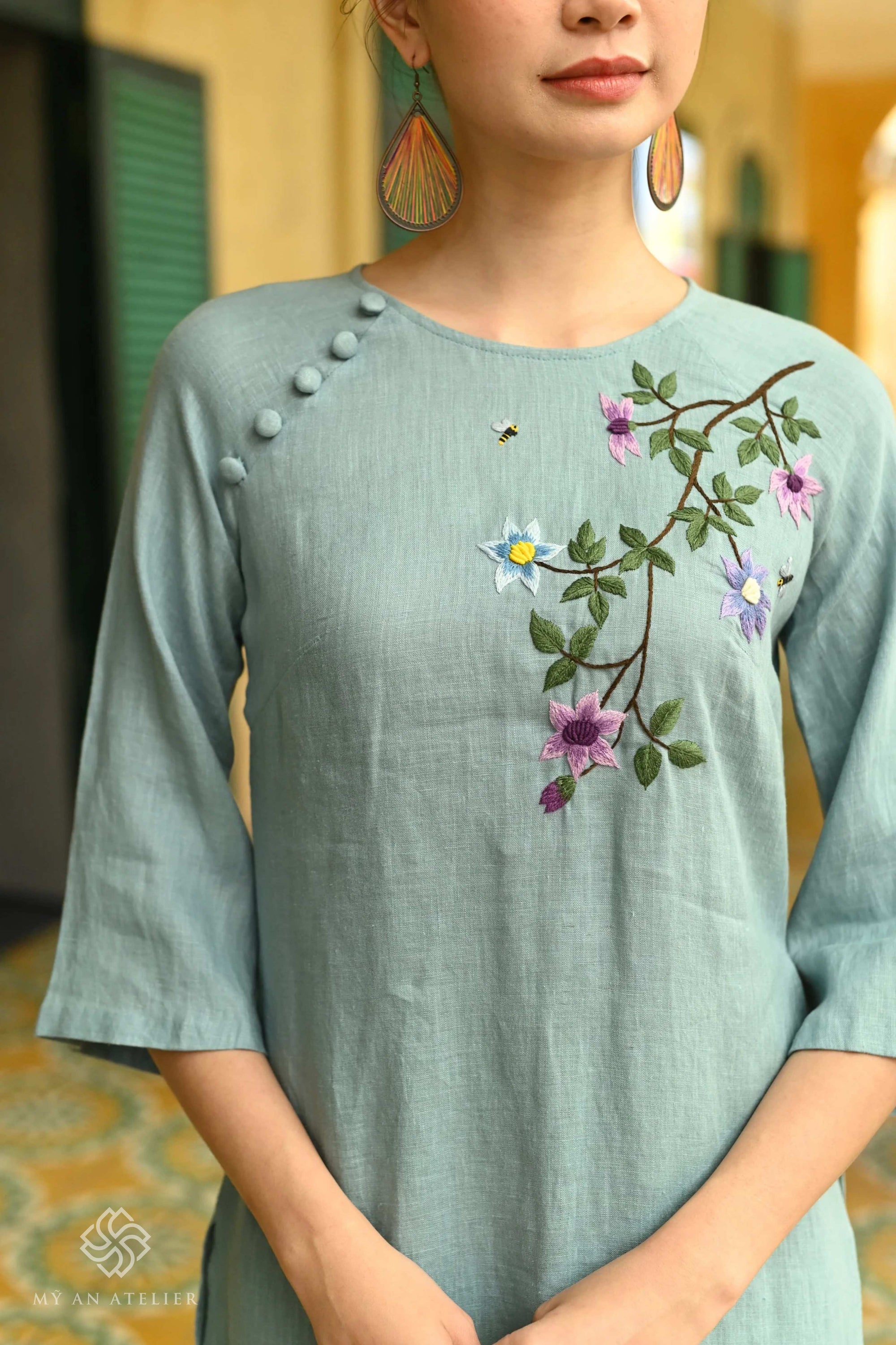 Hand-embroidered linen Vietnamese ao dai
