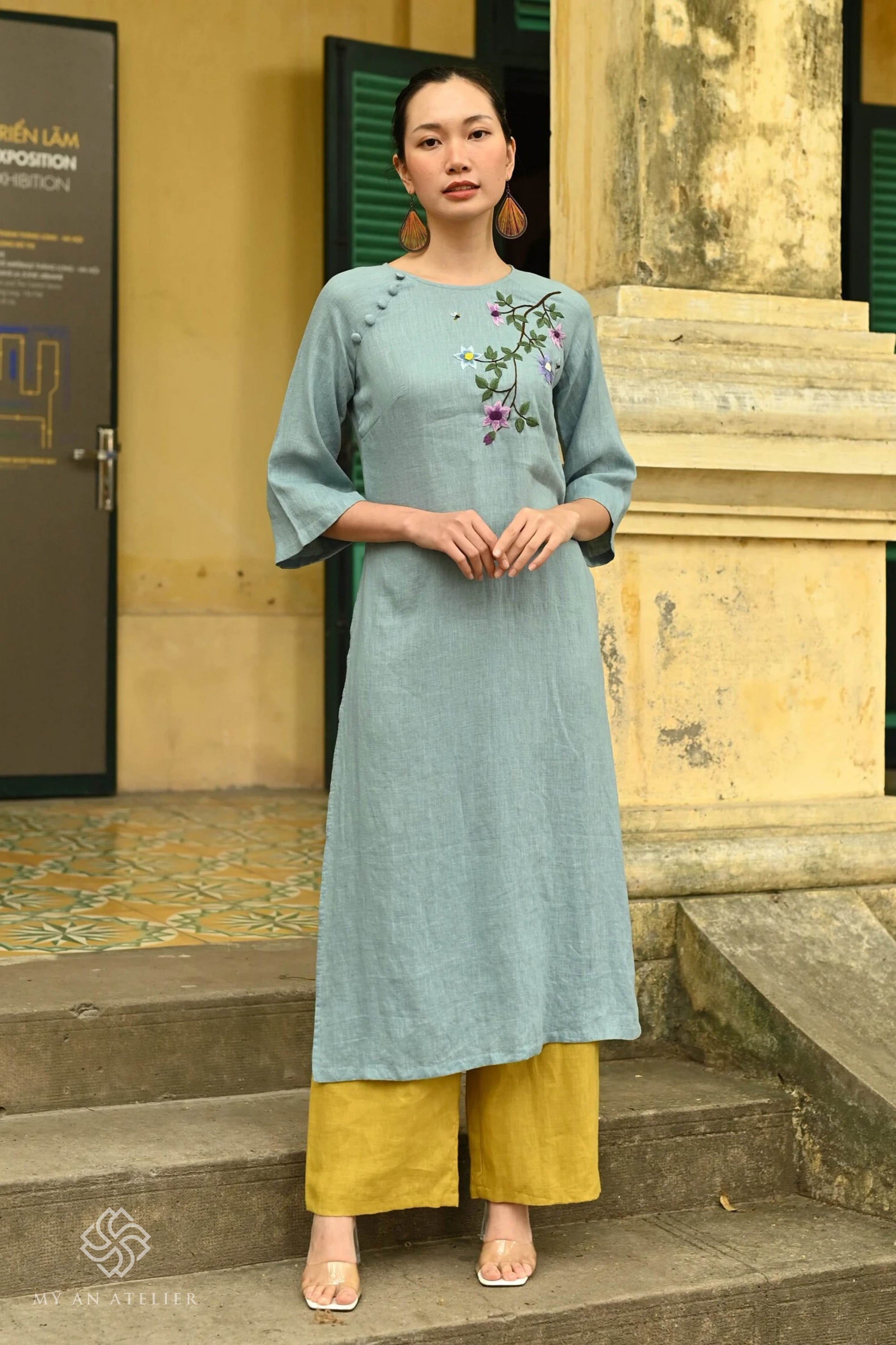 Hand-embroidered linen Vietnamese ao dai