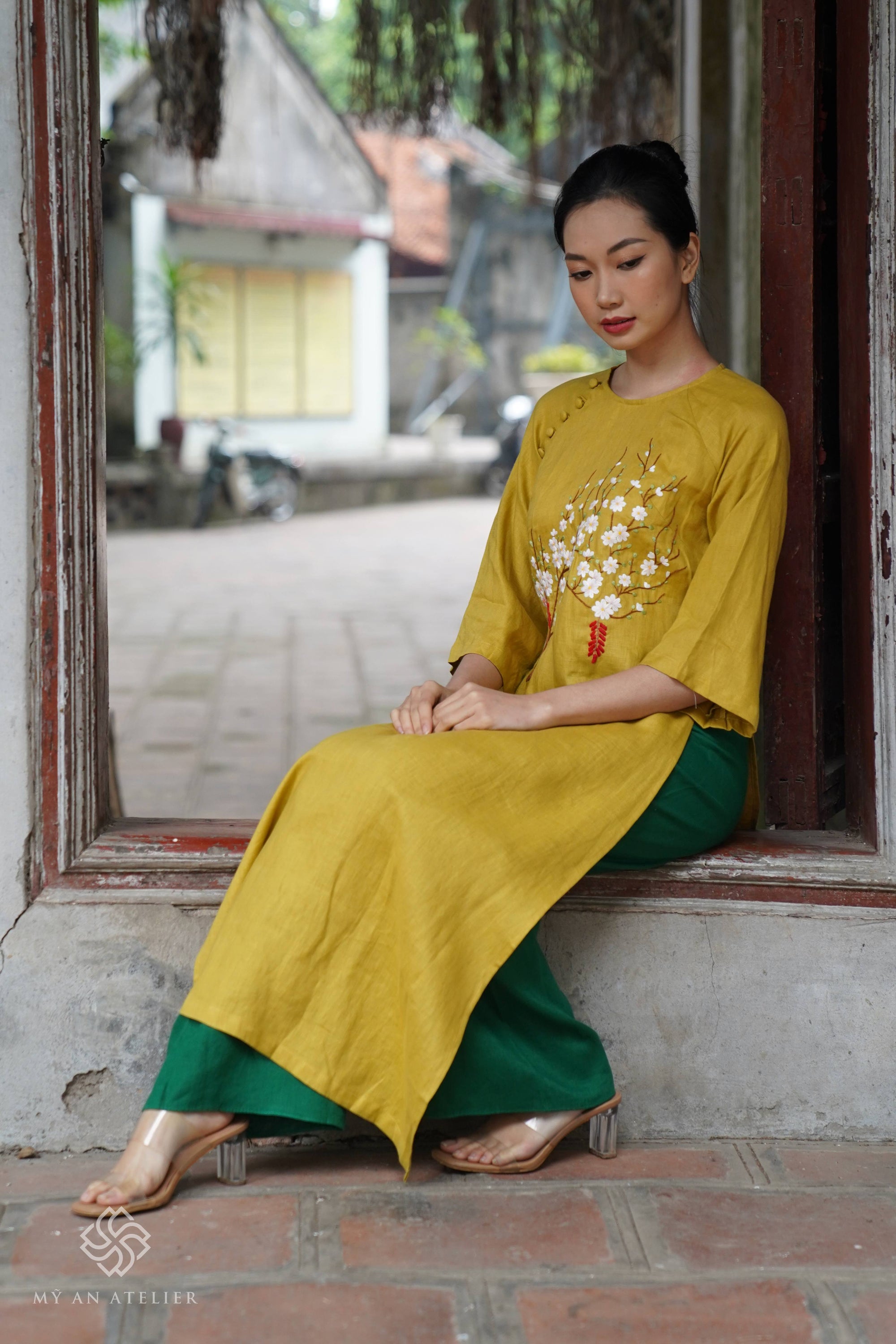Linen yellow Vietnamese dress
