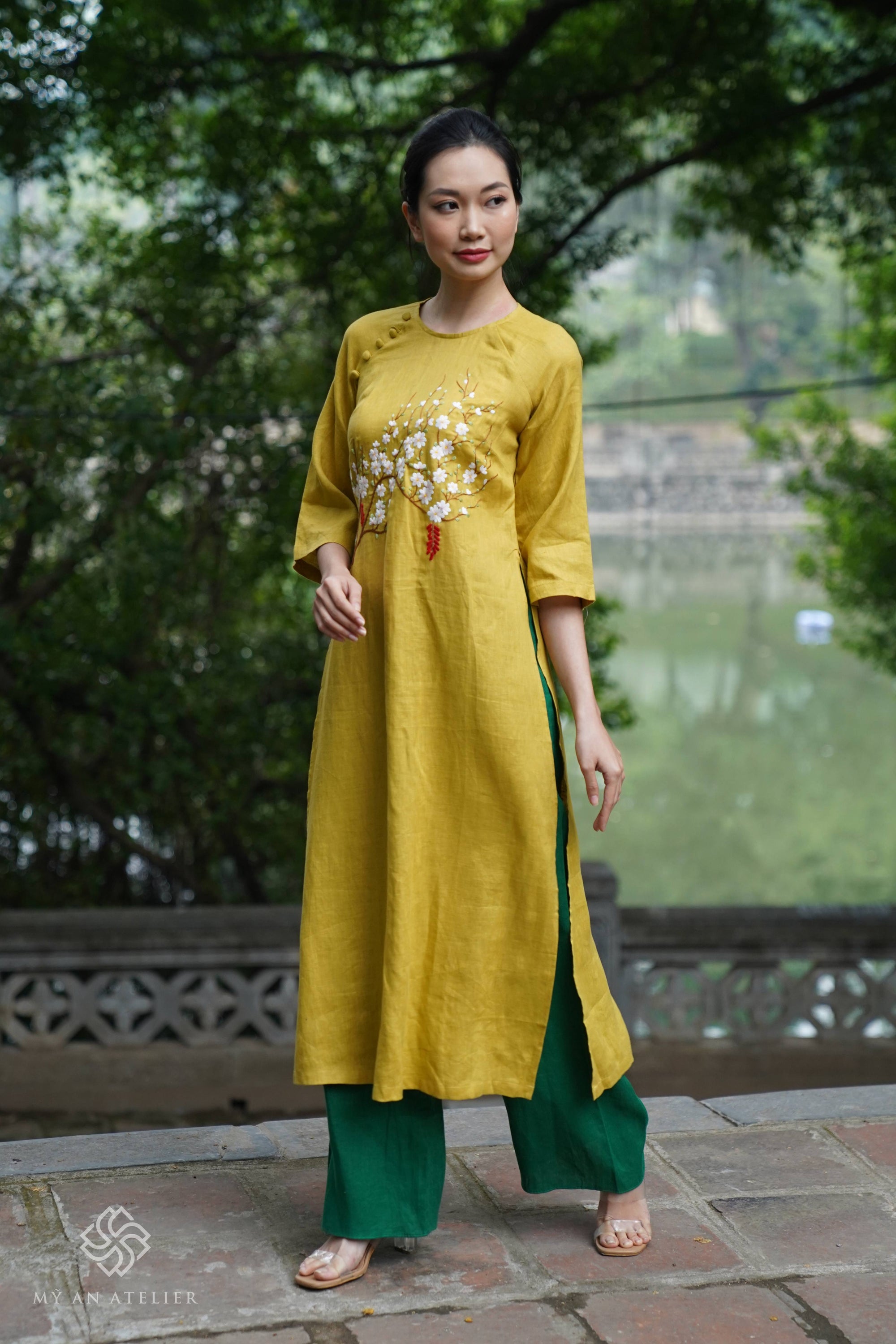 Linen yellow Vietnamese dress