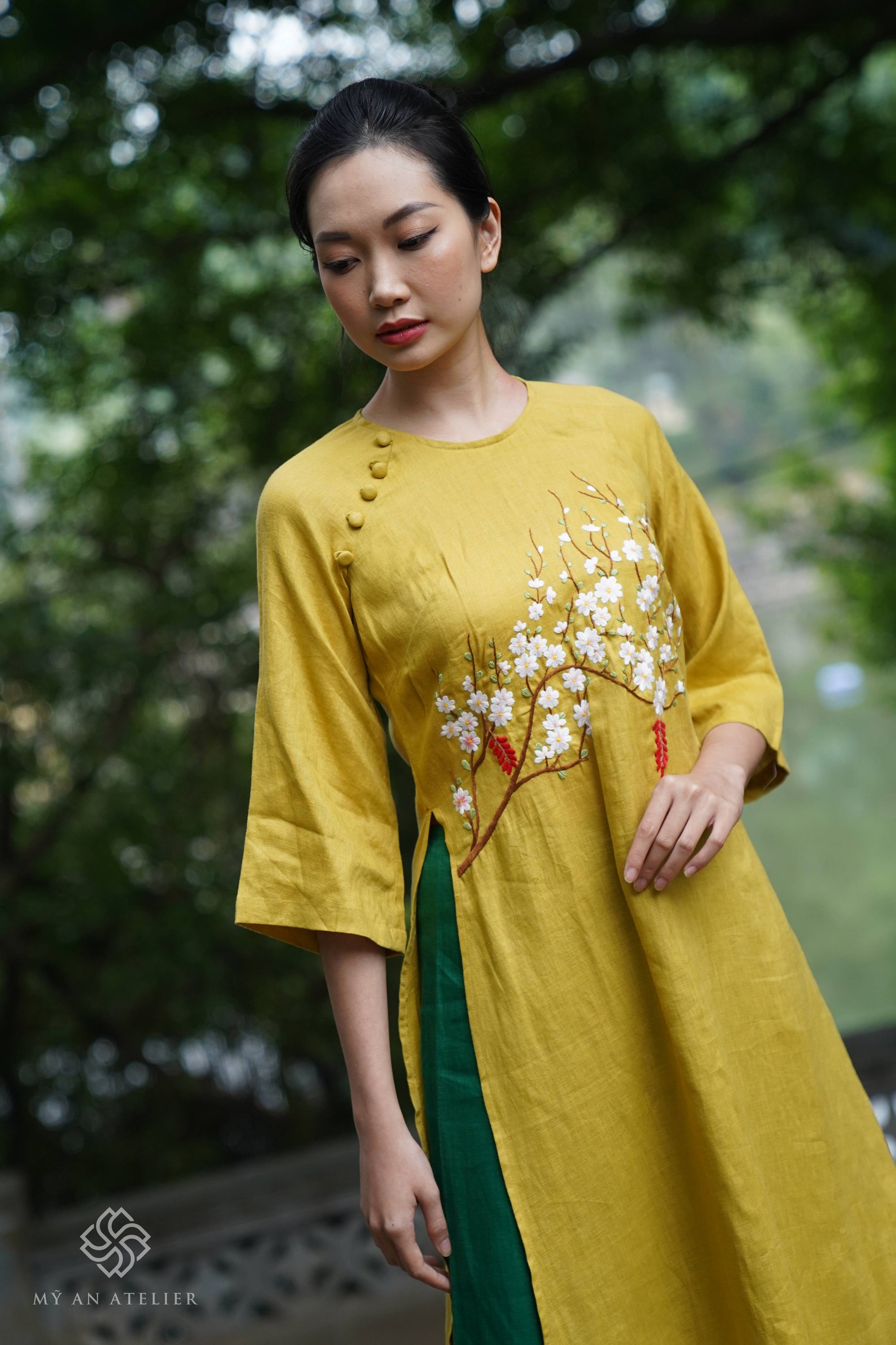 Linen yellow Vietnamese dress
