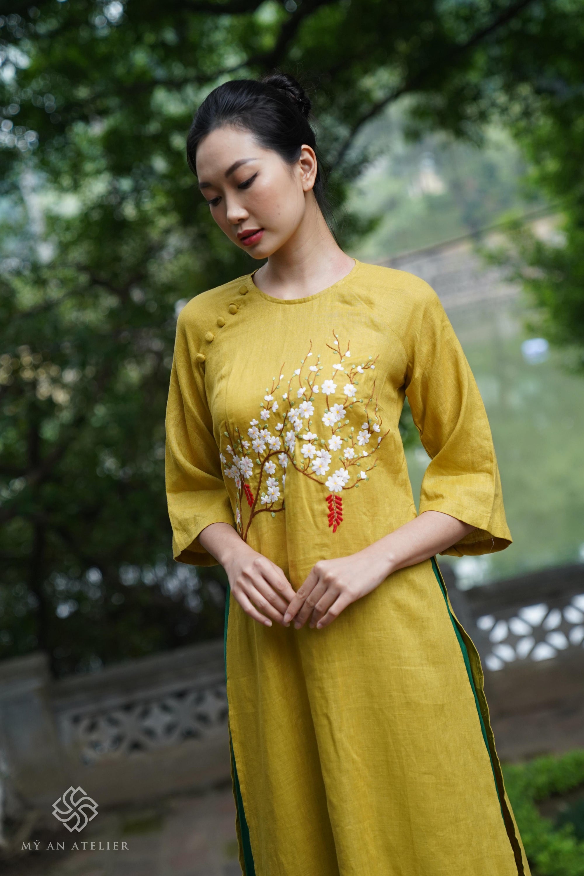 Linen yellow Vietnamese dress