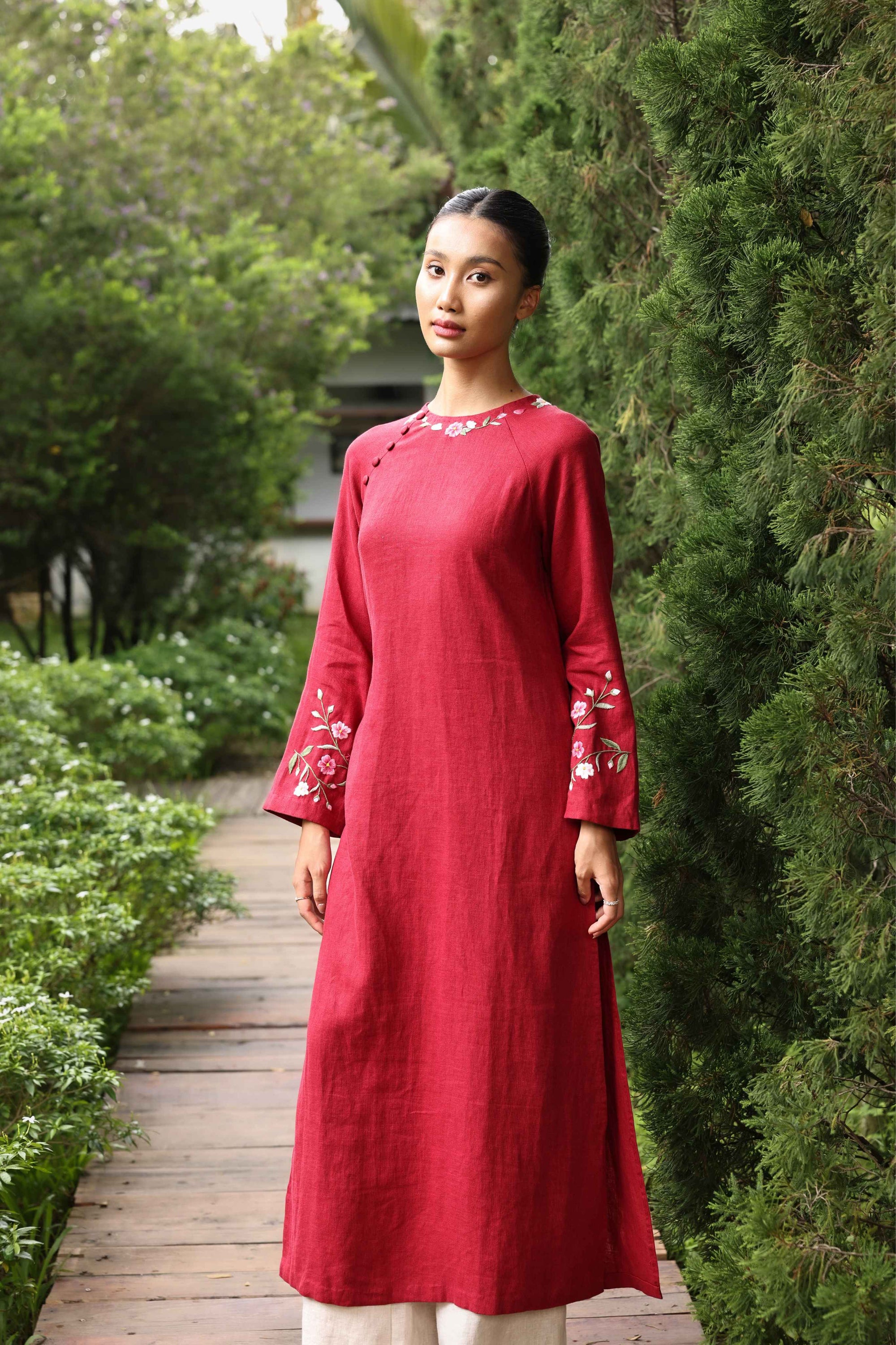 Hand-embroidered red ao dai for bride