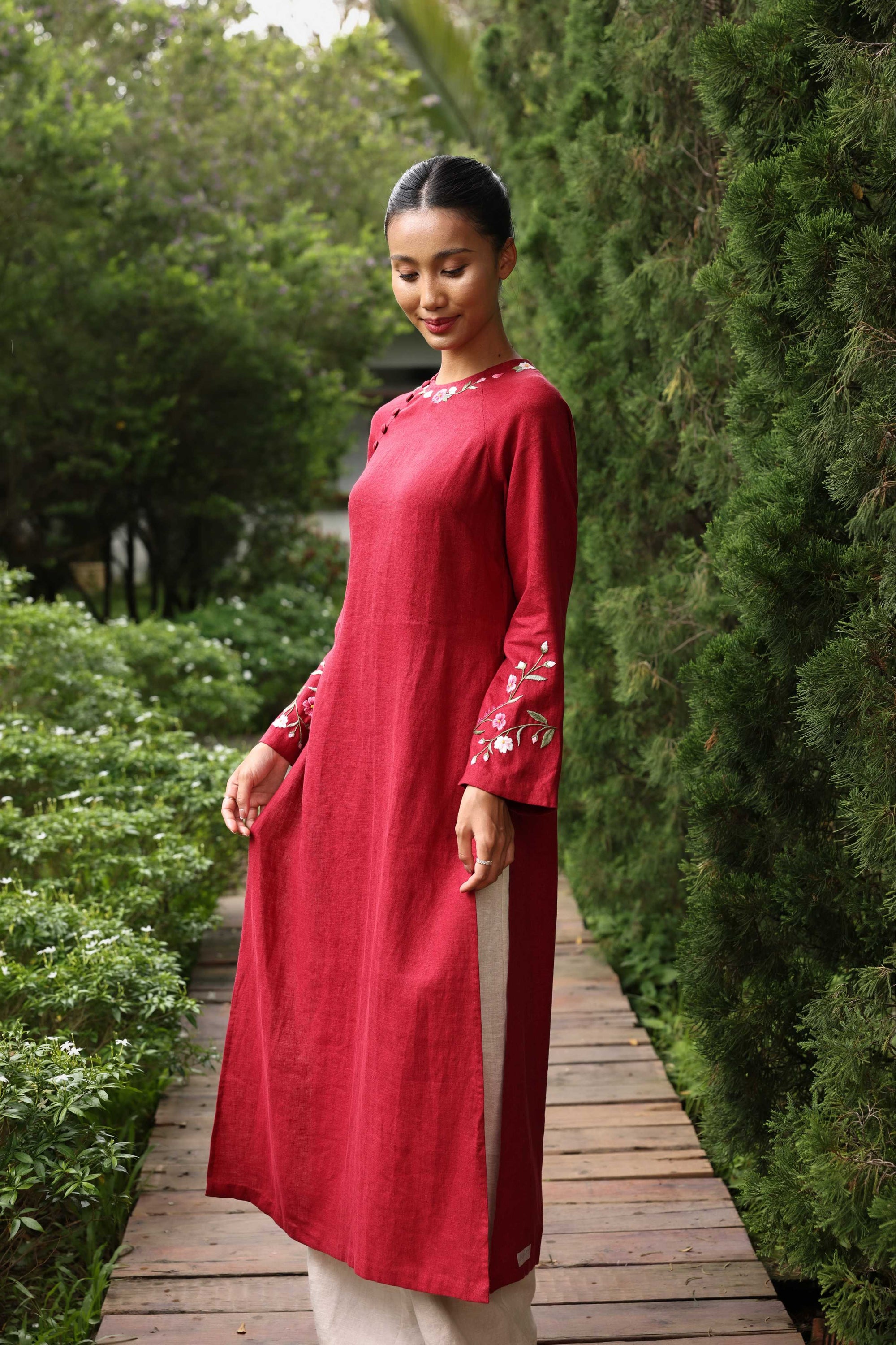 Hand-embroidered red ao dai for bride