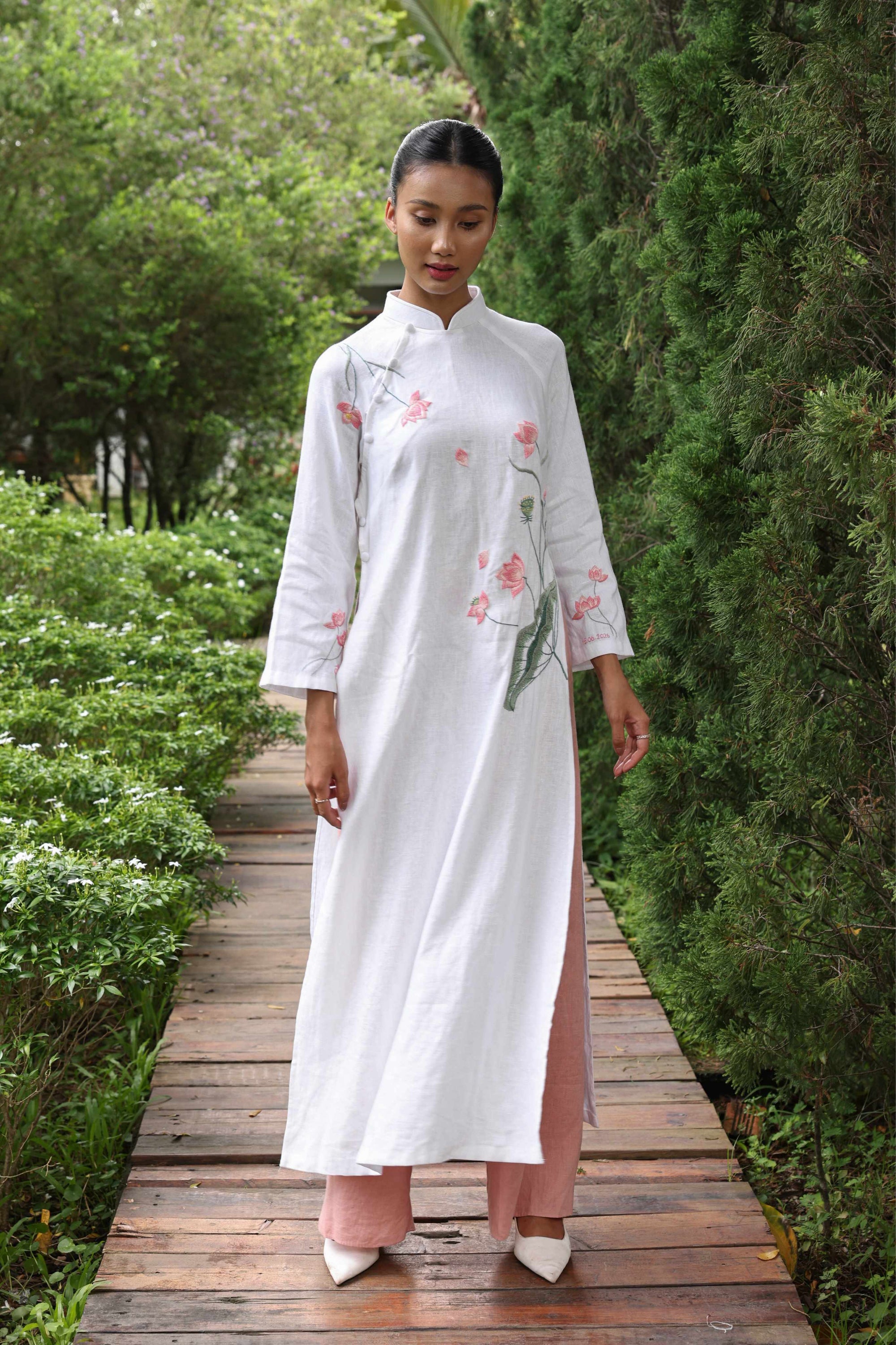 Hand-embroidered white linen ao dai