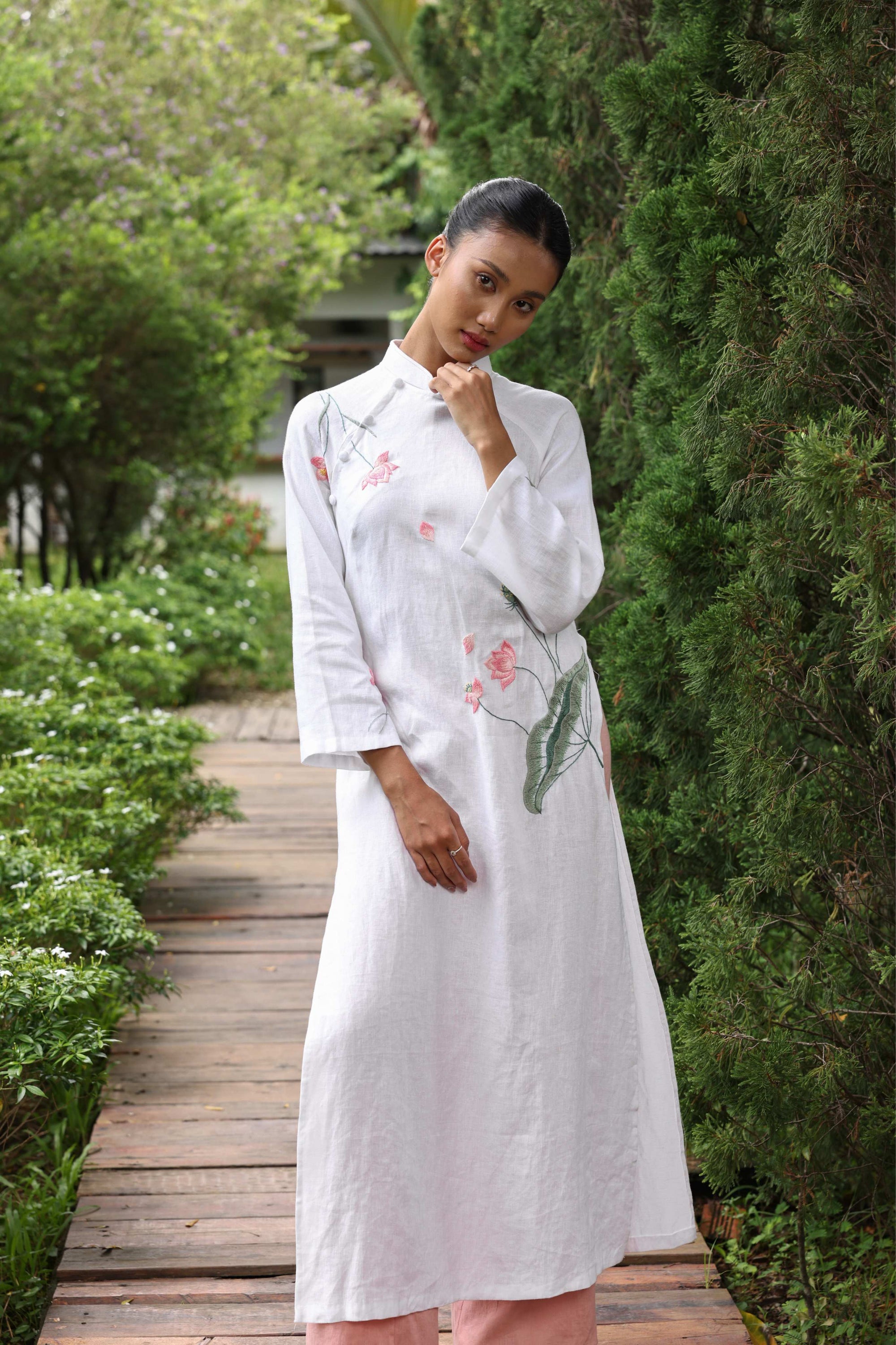 Hand-embroidered white linen ao dai