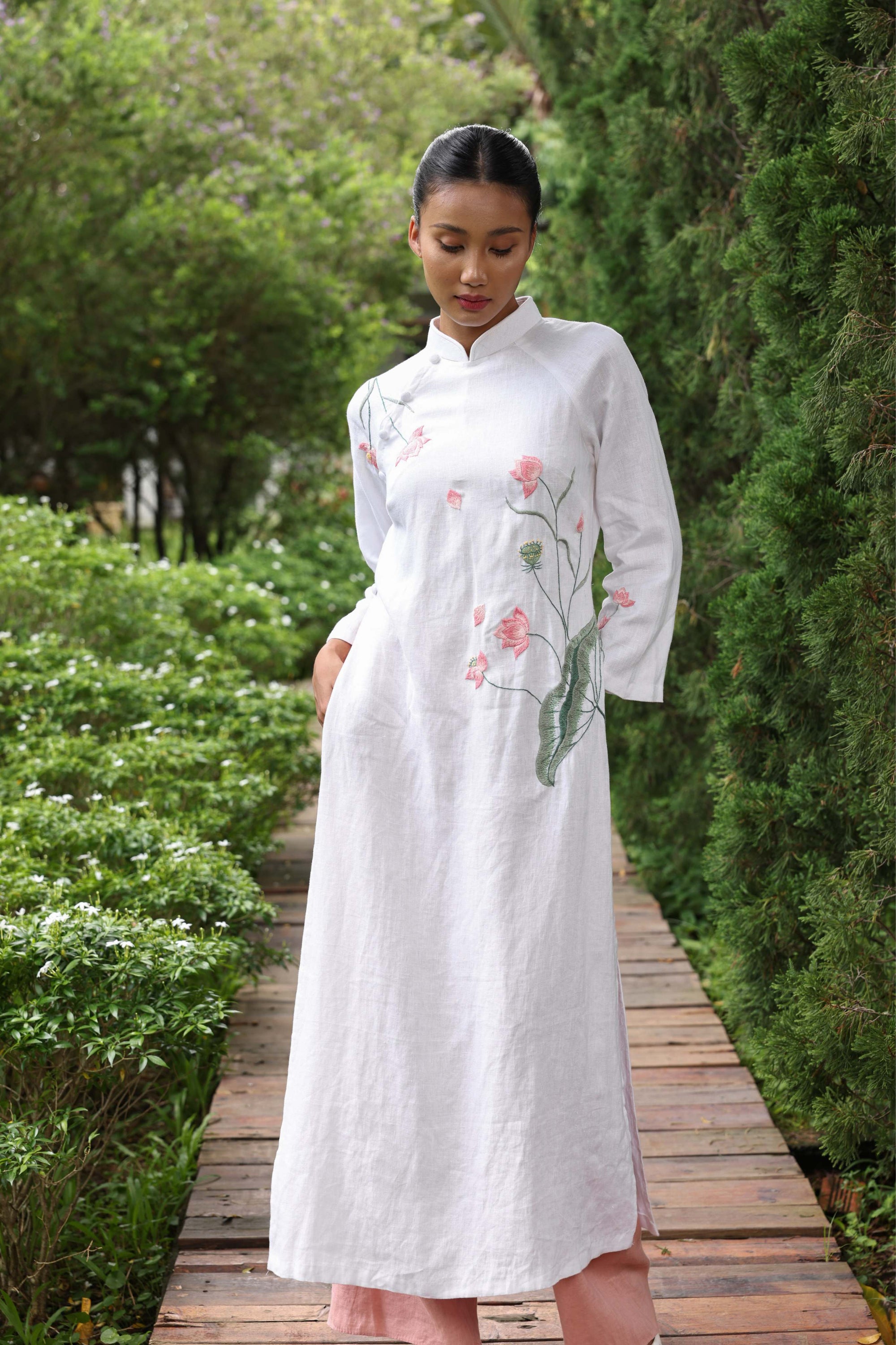 Hand-embroidered white linen ao dai