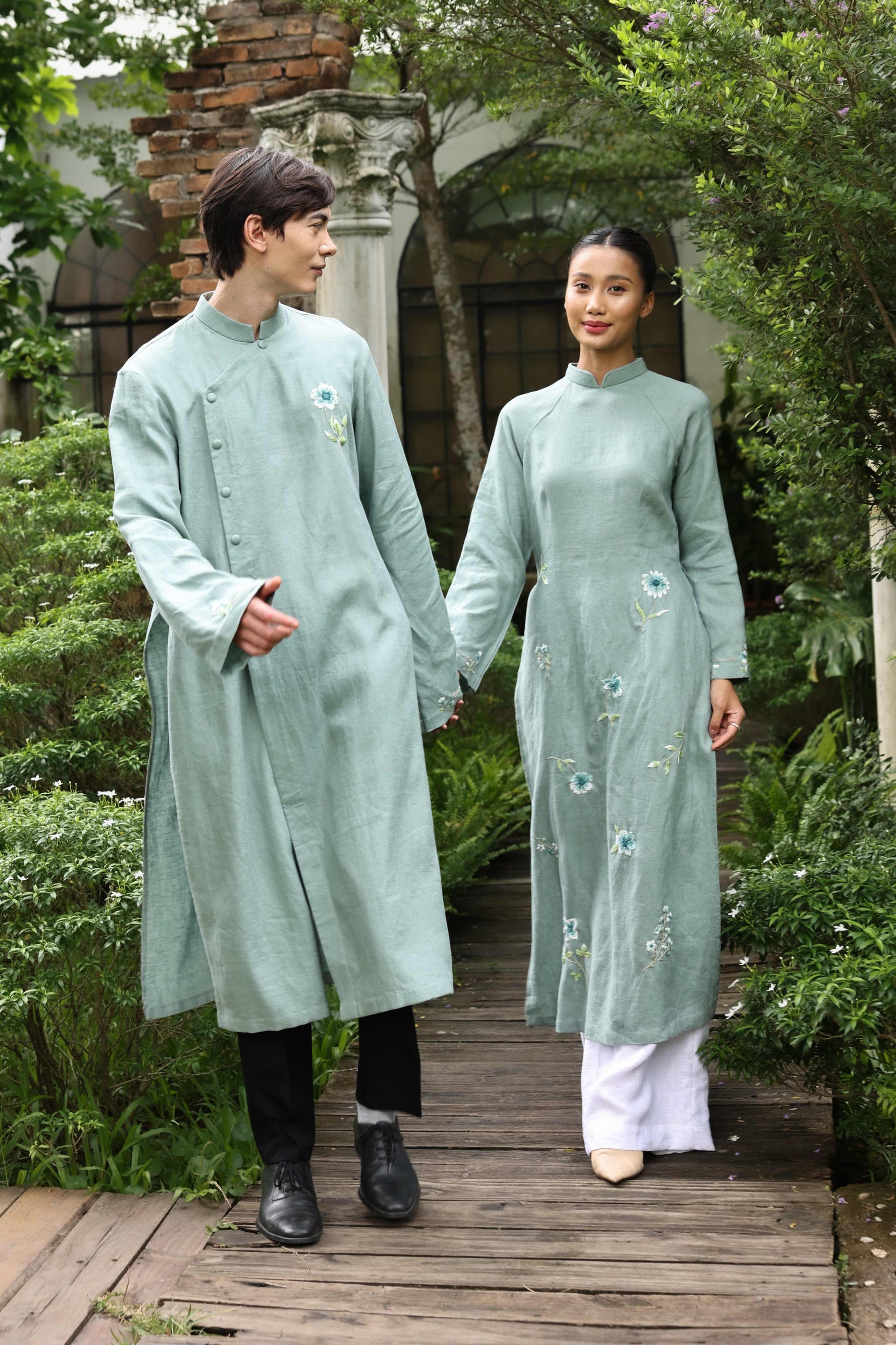 Hand-embroidered linen ao dai couple set