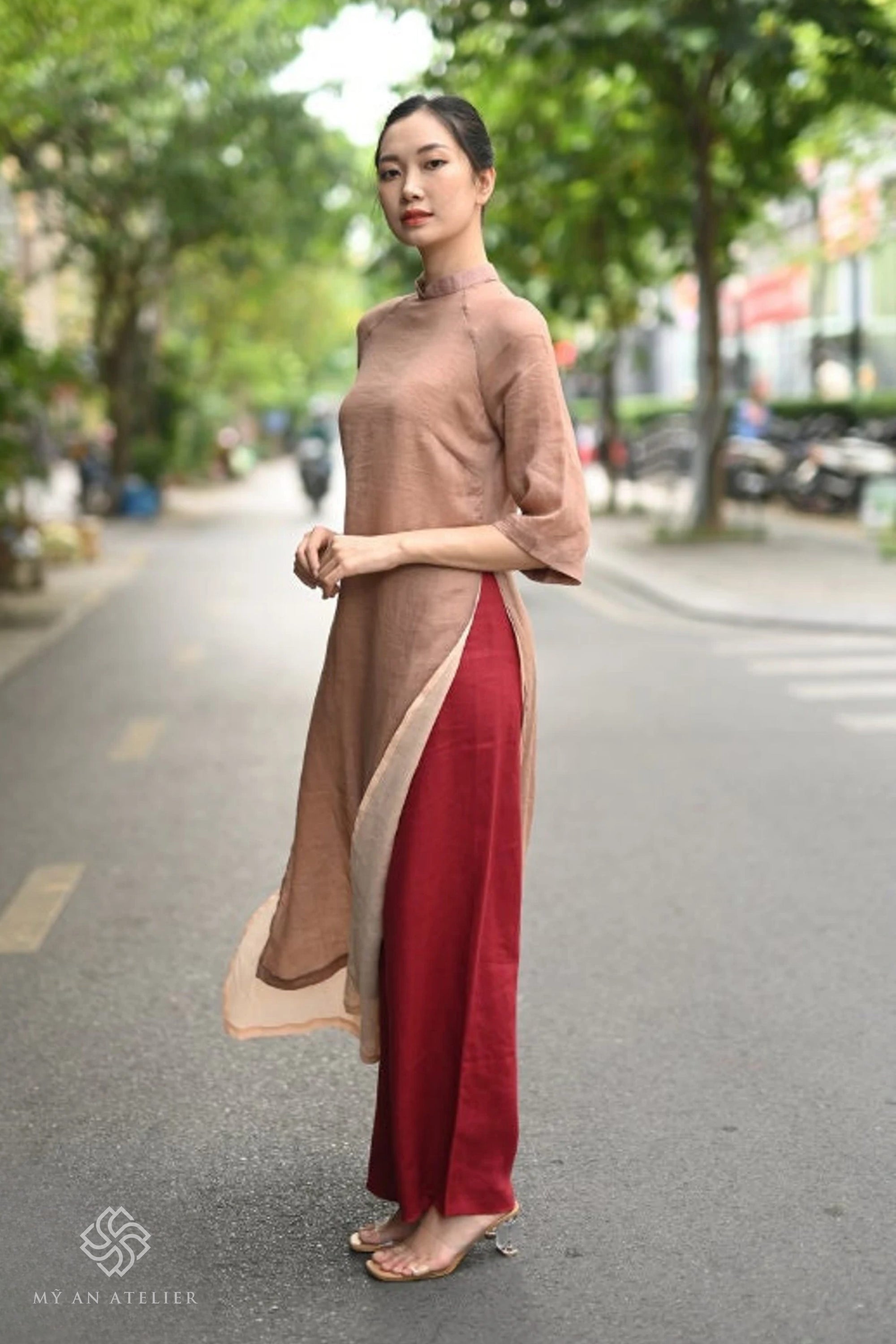 Linen ao dai with double layers