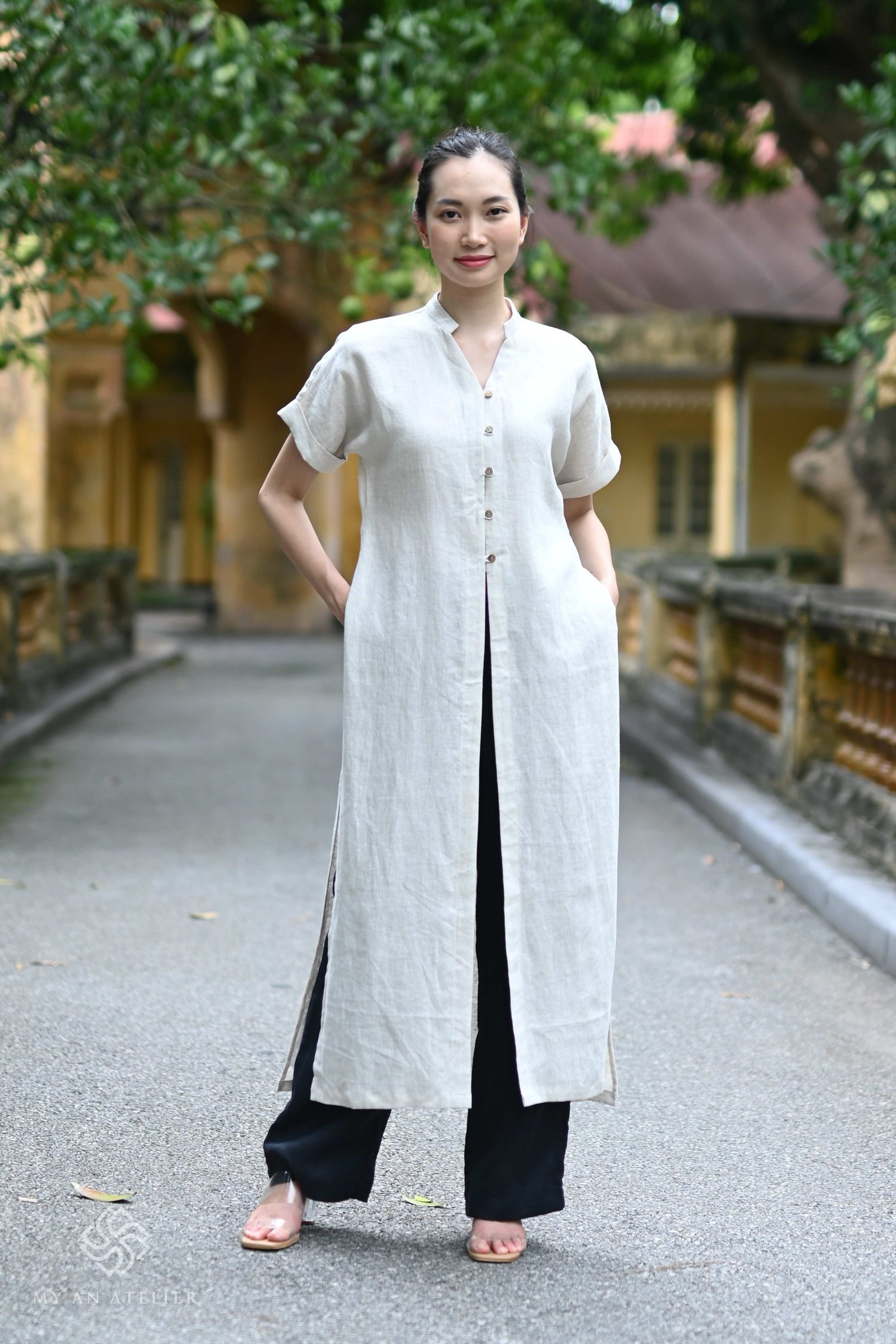 Linen front slit casual ao dai
