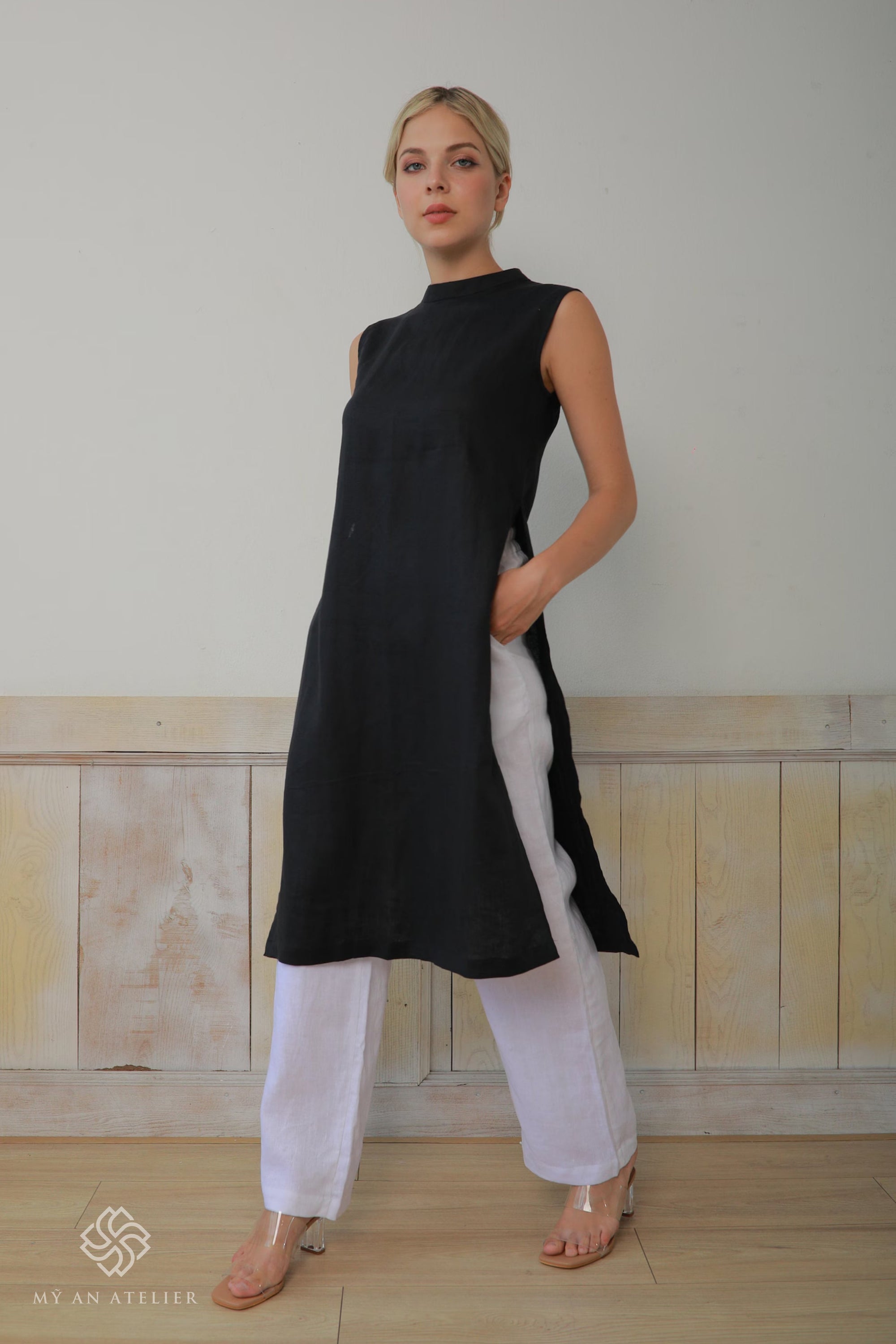 Linen sleeveless Vietnam tunic dress