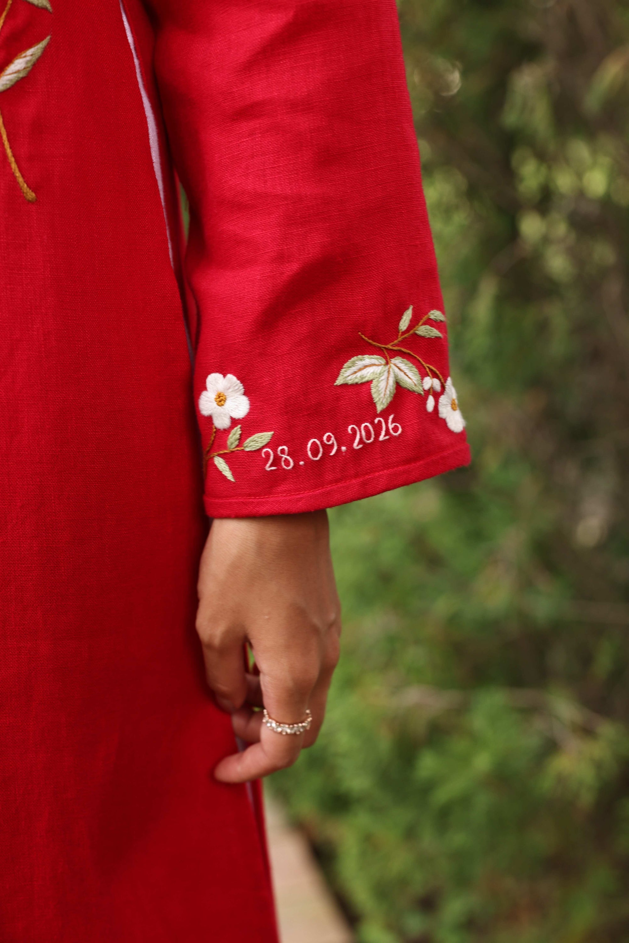 Matching red linen ao dai wedding set