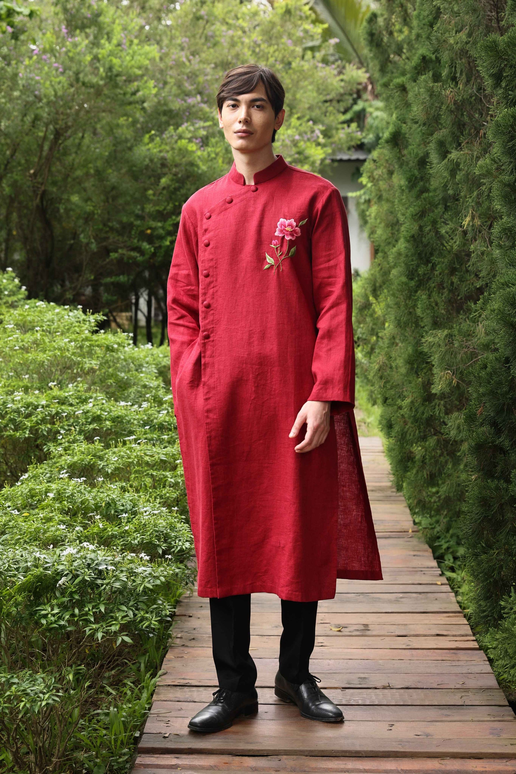 Men’s red linen wedding tunic