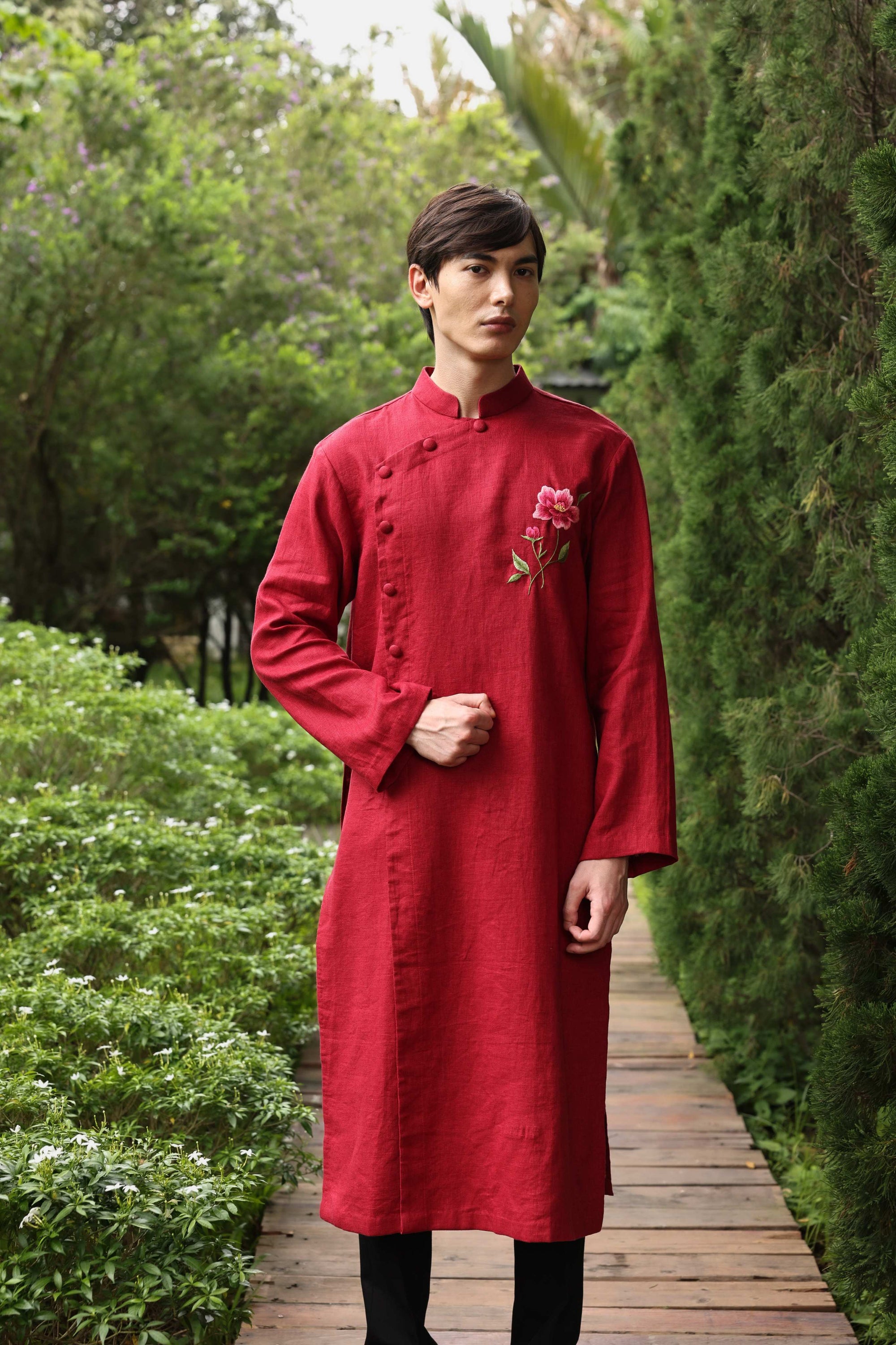 Men’s red linen wedding tunic