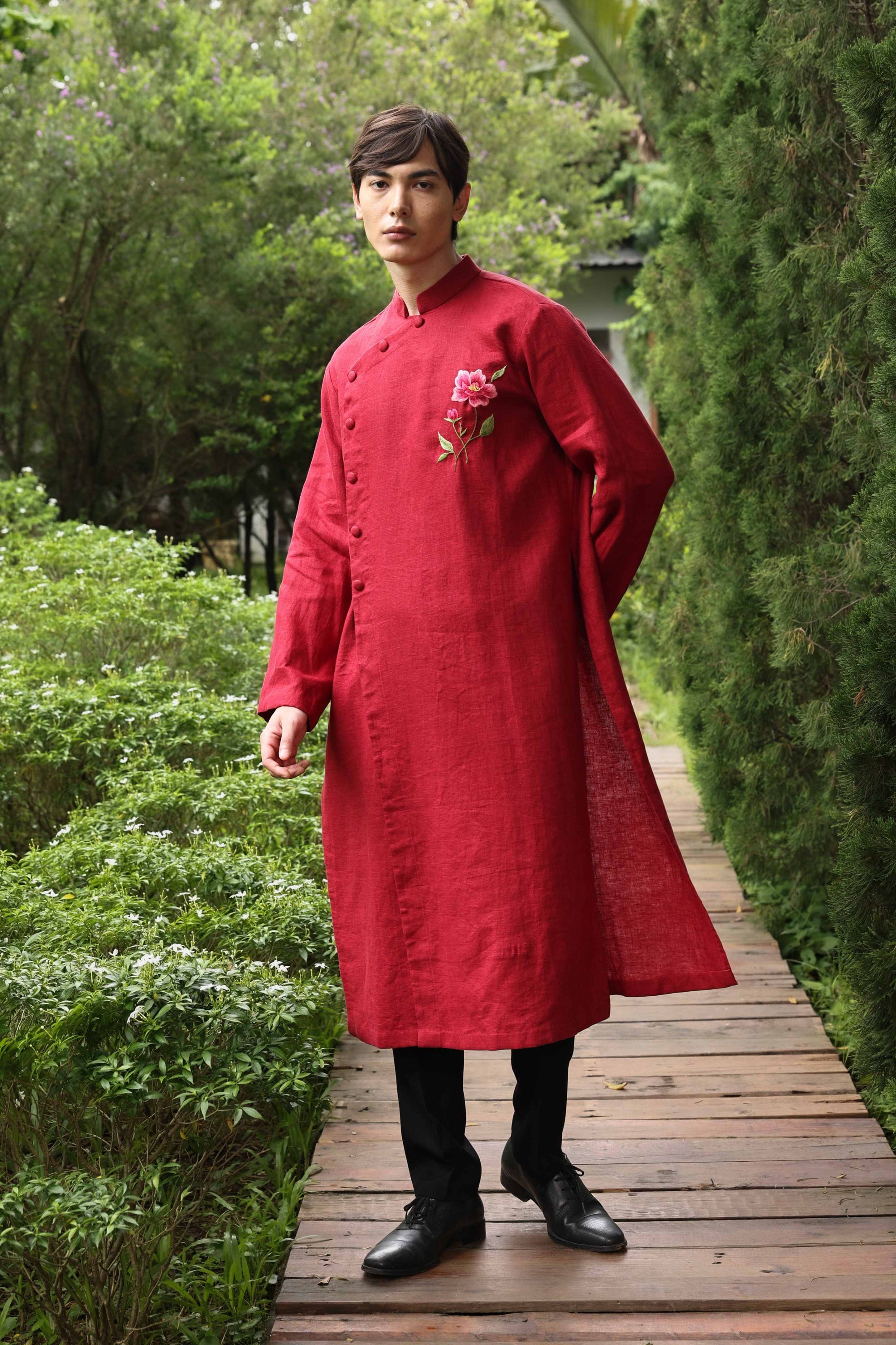 Men’s red linen wedding tunic