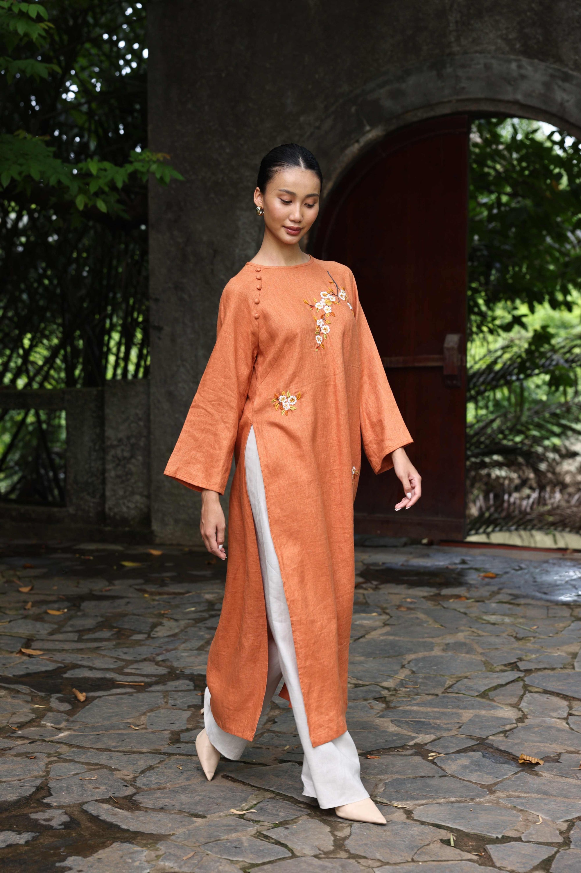 minimalist embroidered Vietnamese dress