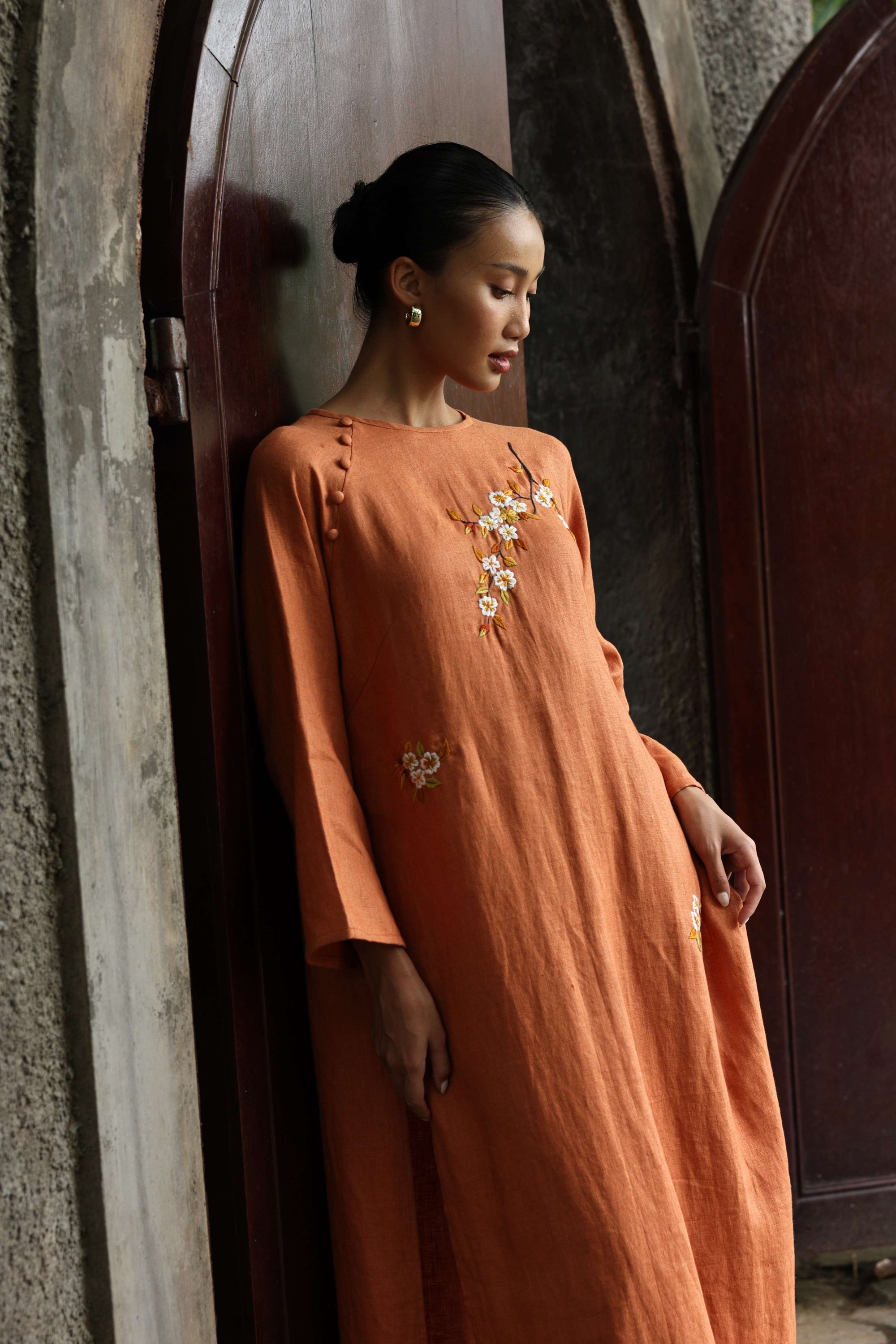 minimalist embroidered Vietnamese dress