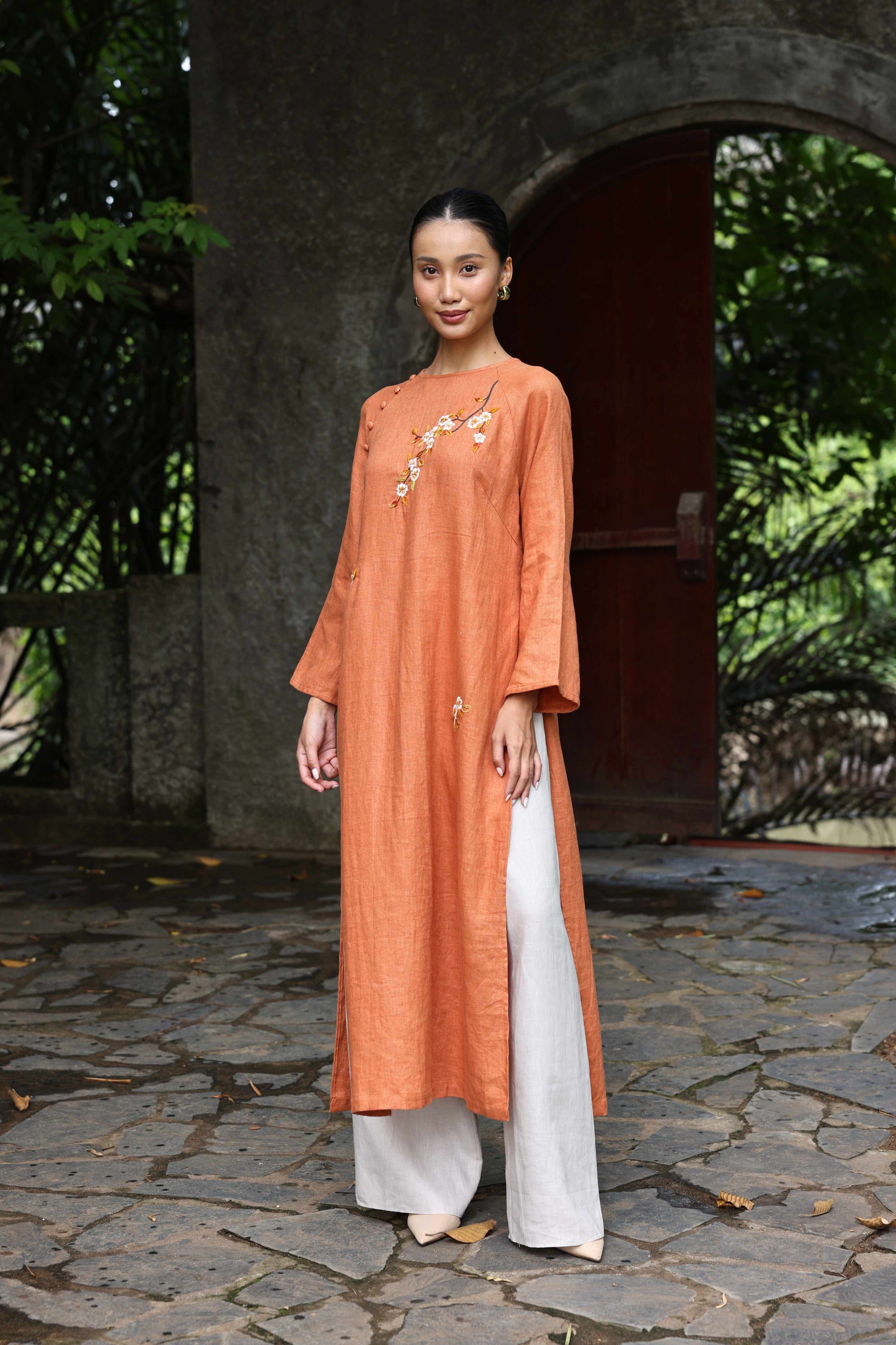 minimalist embroidered Vietnamese dress