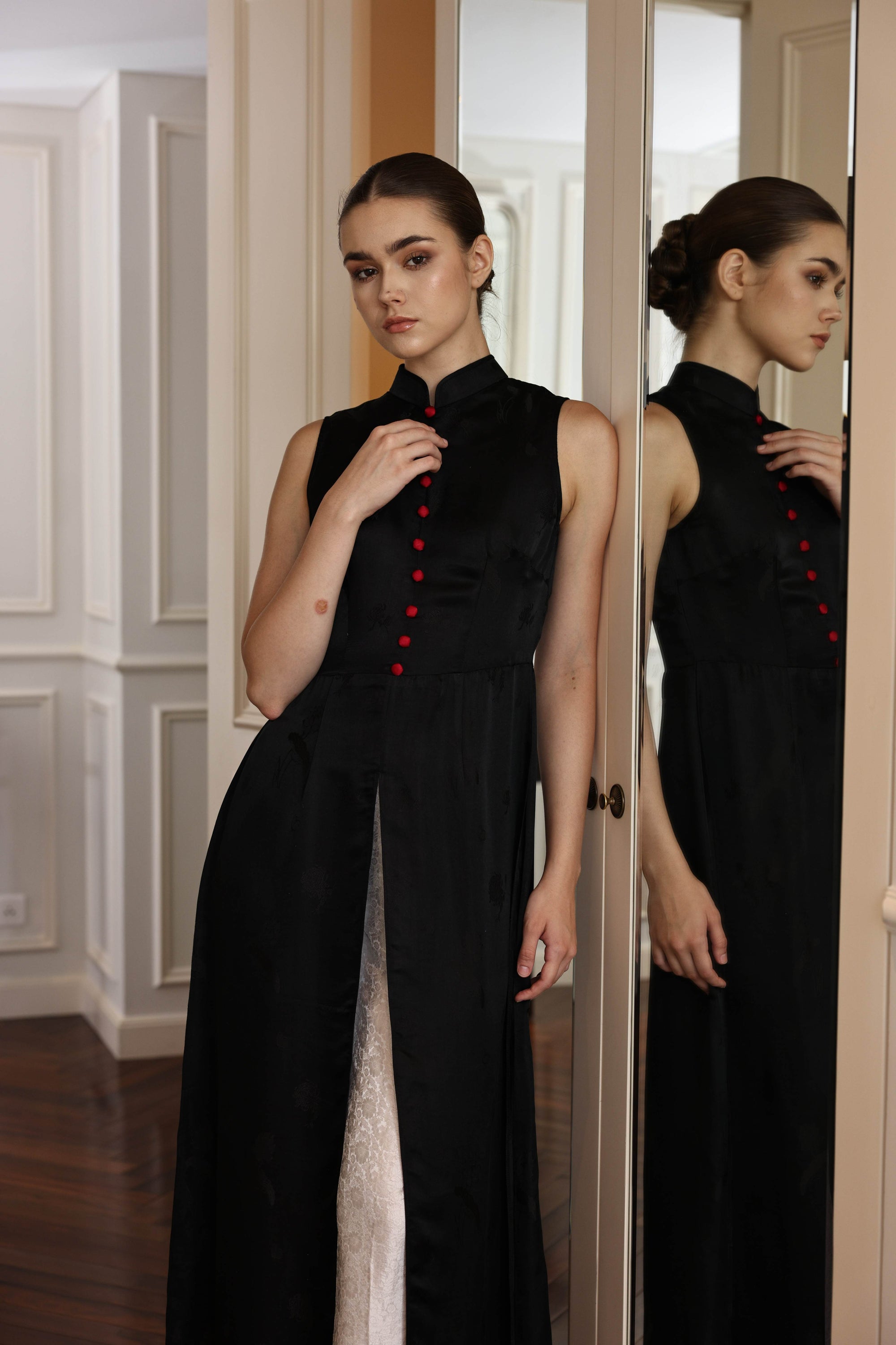 modern black silk Vietnamese dress