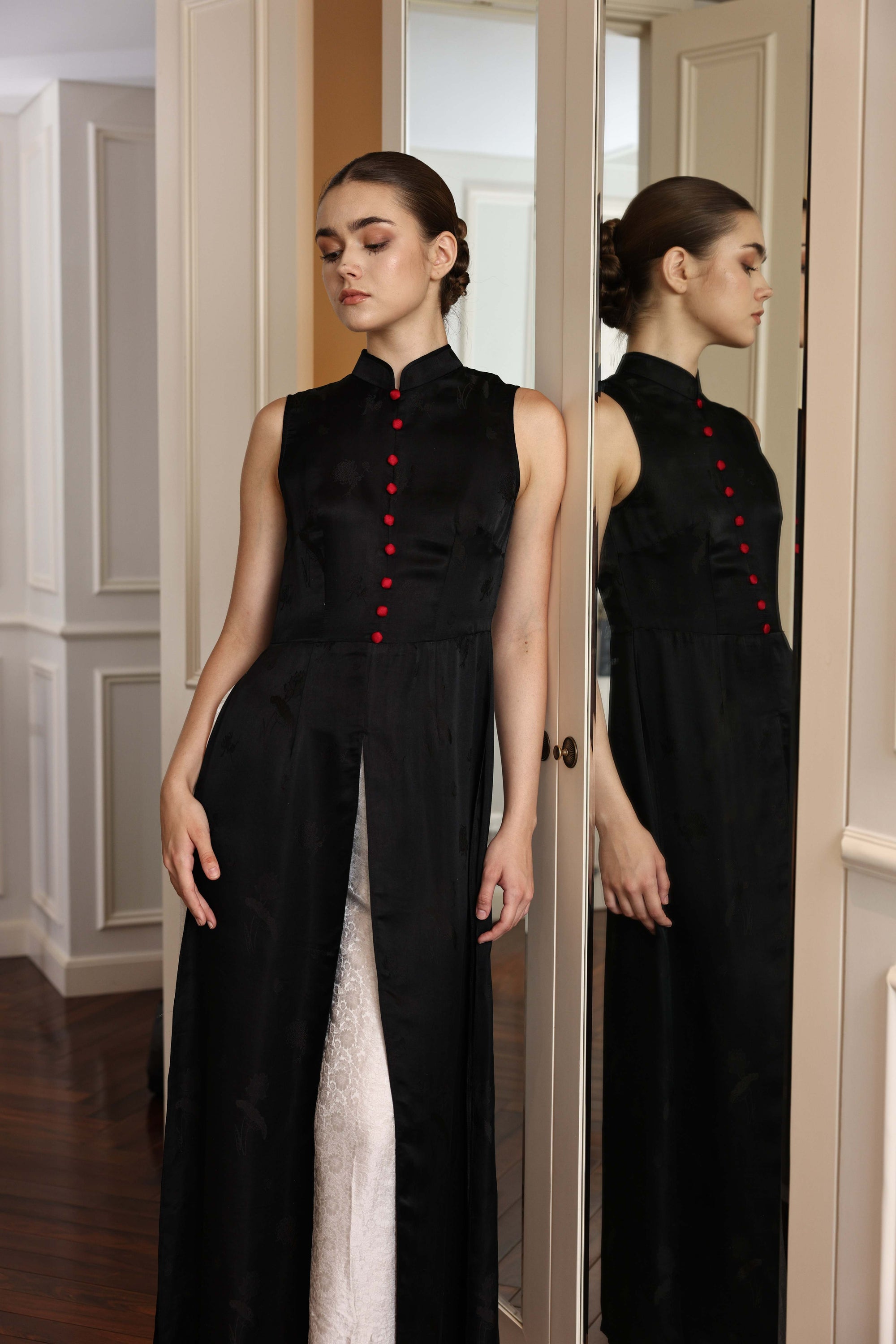 modern black silk Vietnamese dress