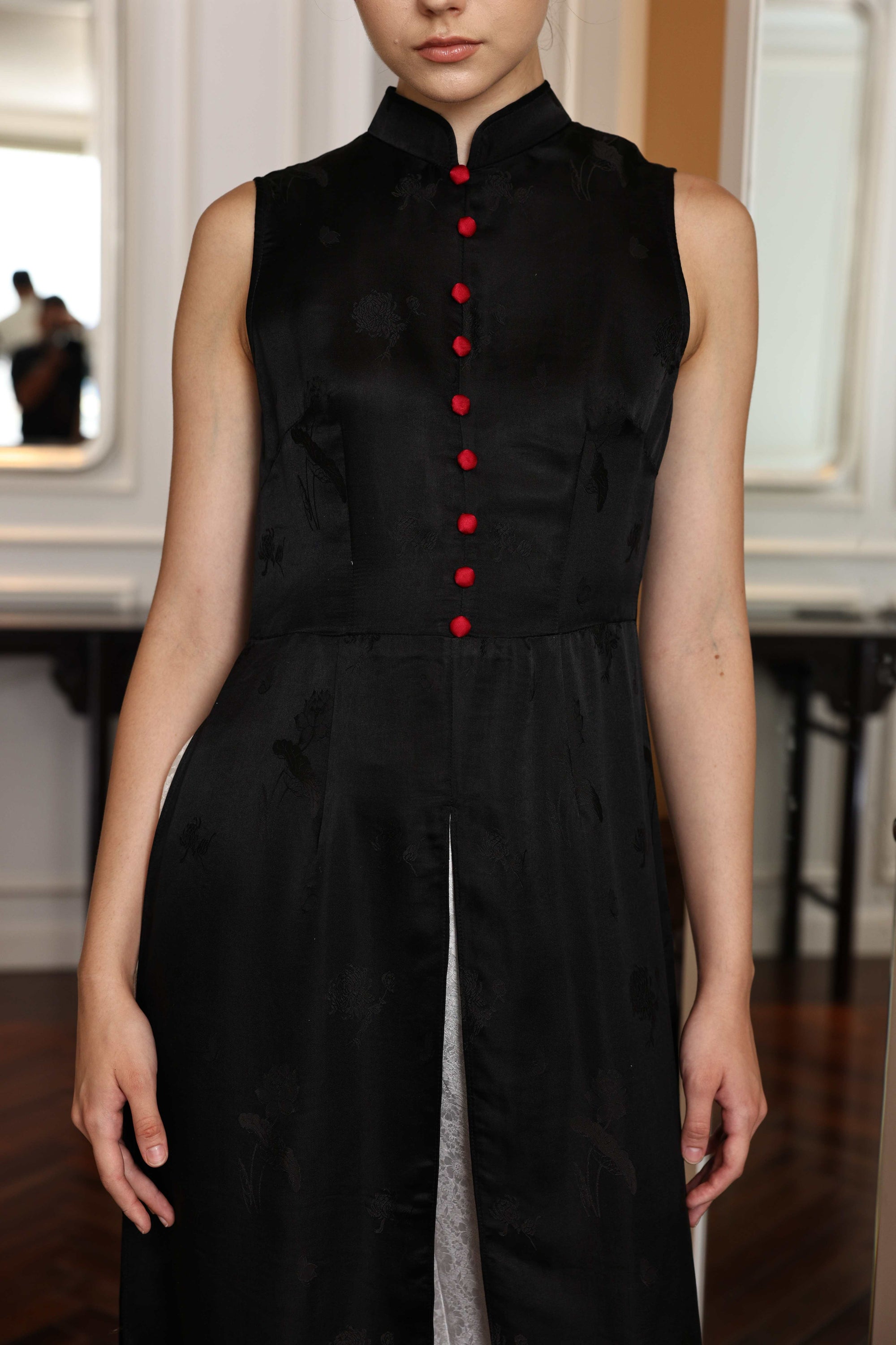 modern black silk Vietnamese dress