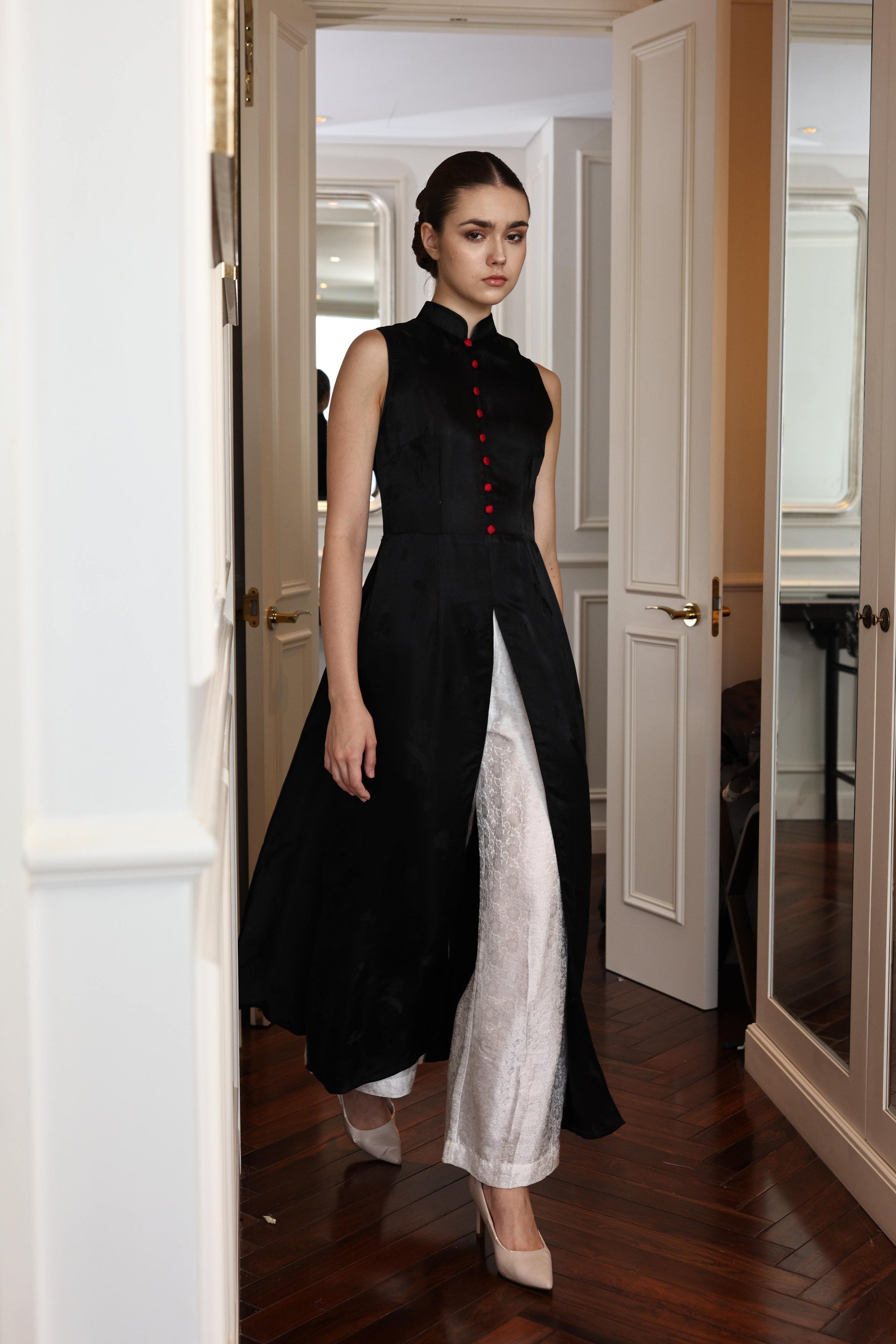 modern black silk Vietnamese dress