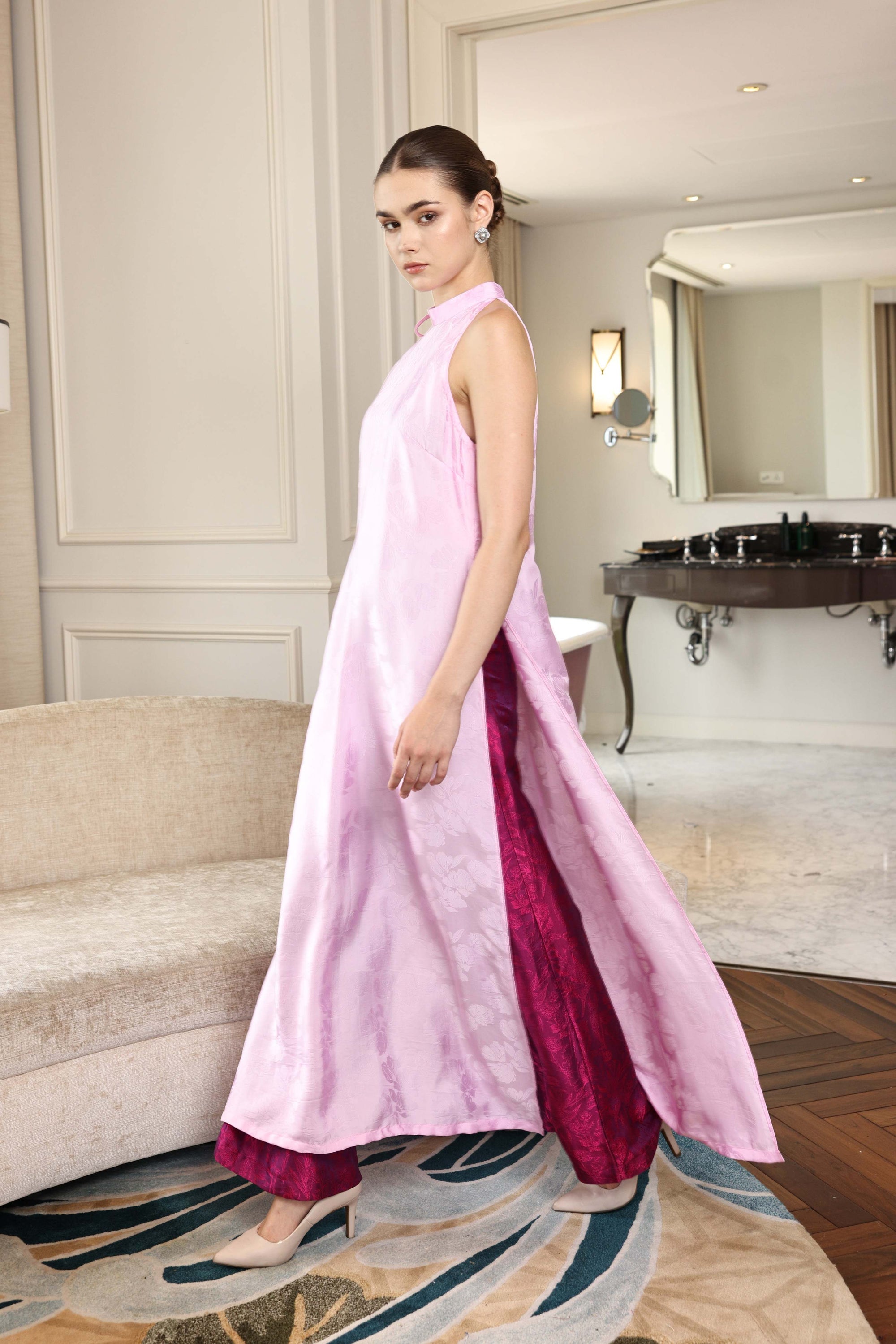 modern pink halter Vietnamese silk dress