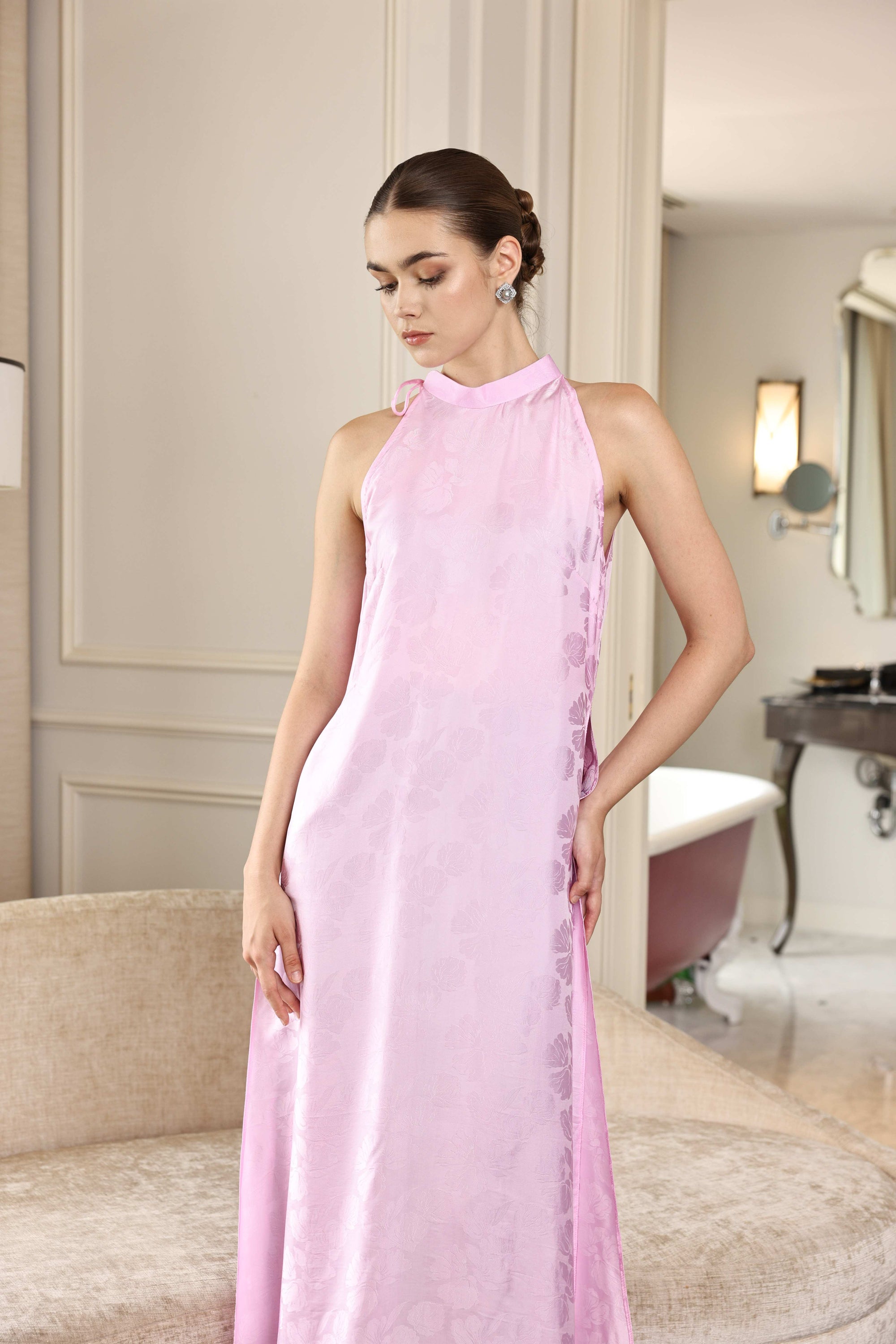 modern pink halter Vietnamese silk dress