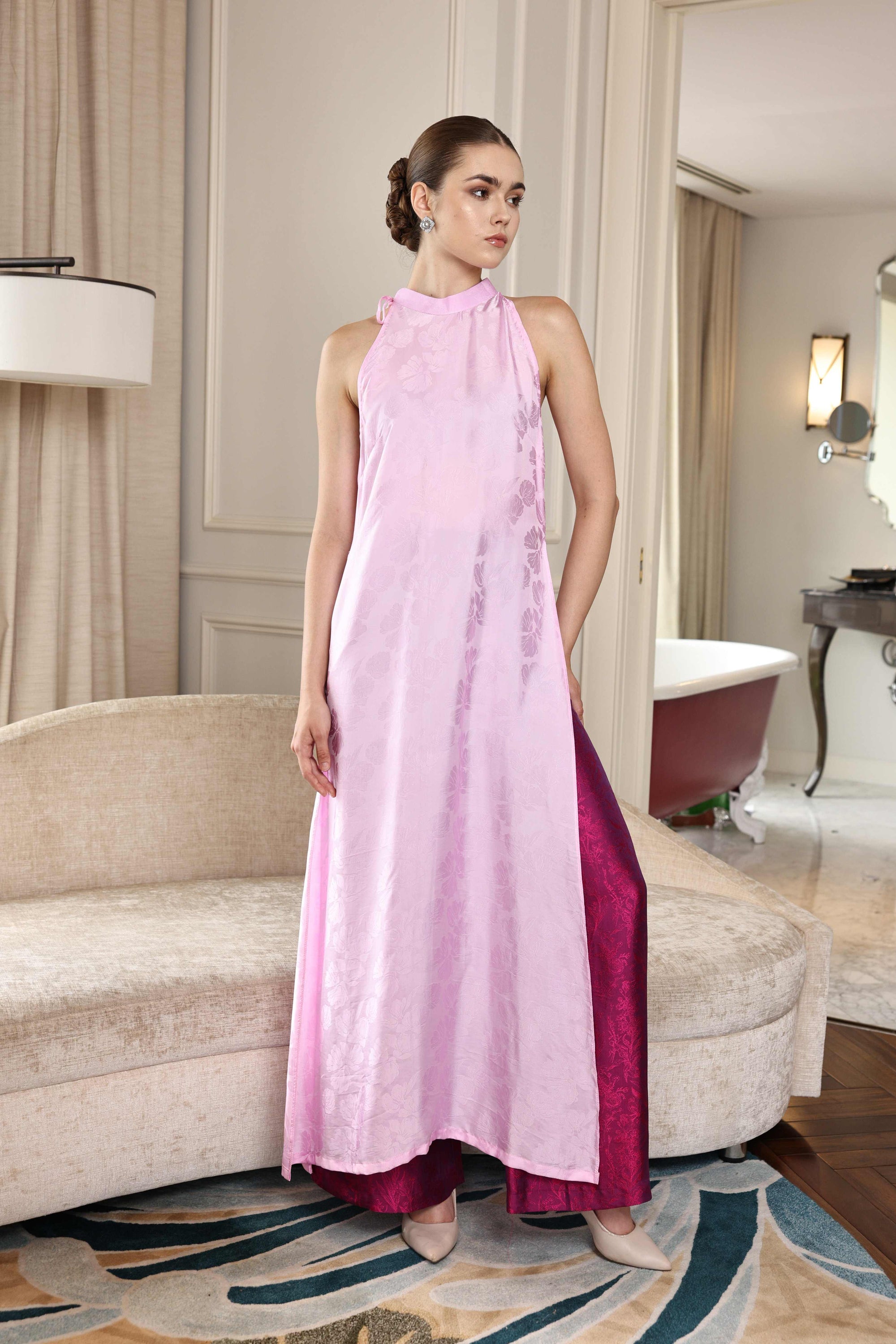 modern pink halter Vietnamese silk dress
