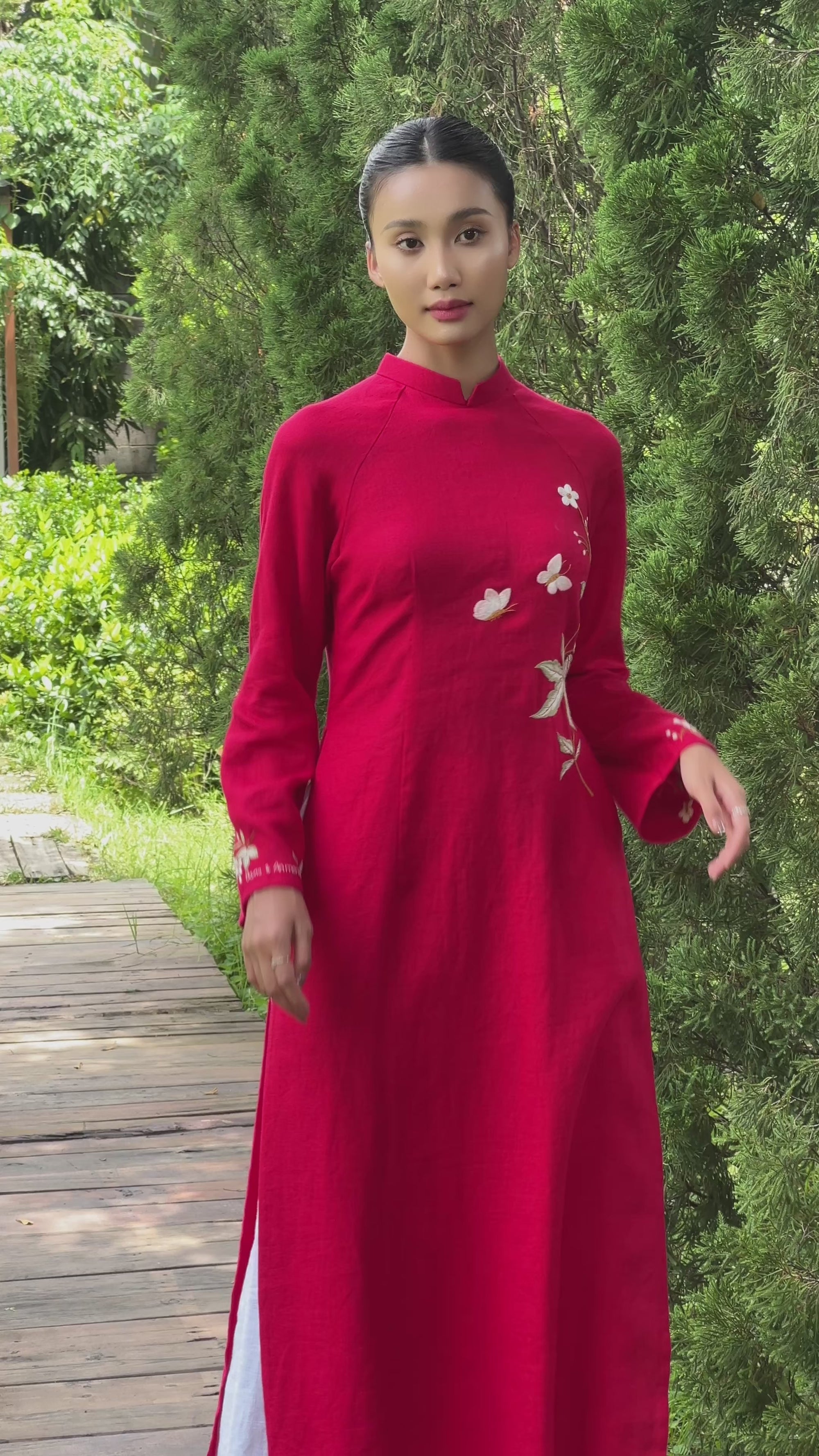 Red linen Vietnamese embroidered dress