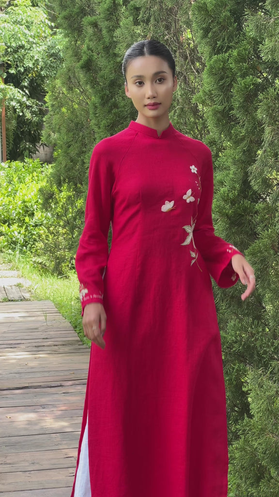 Red linen Vietnamese embroidered dress
