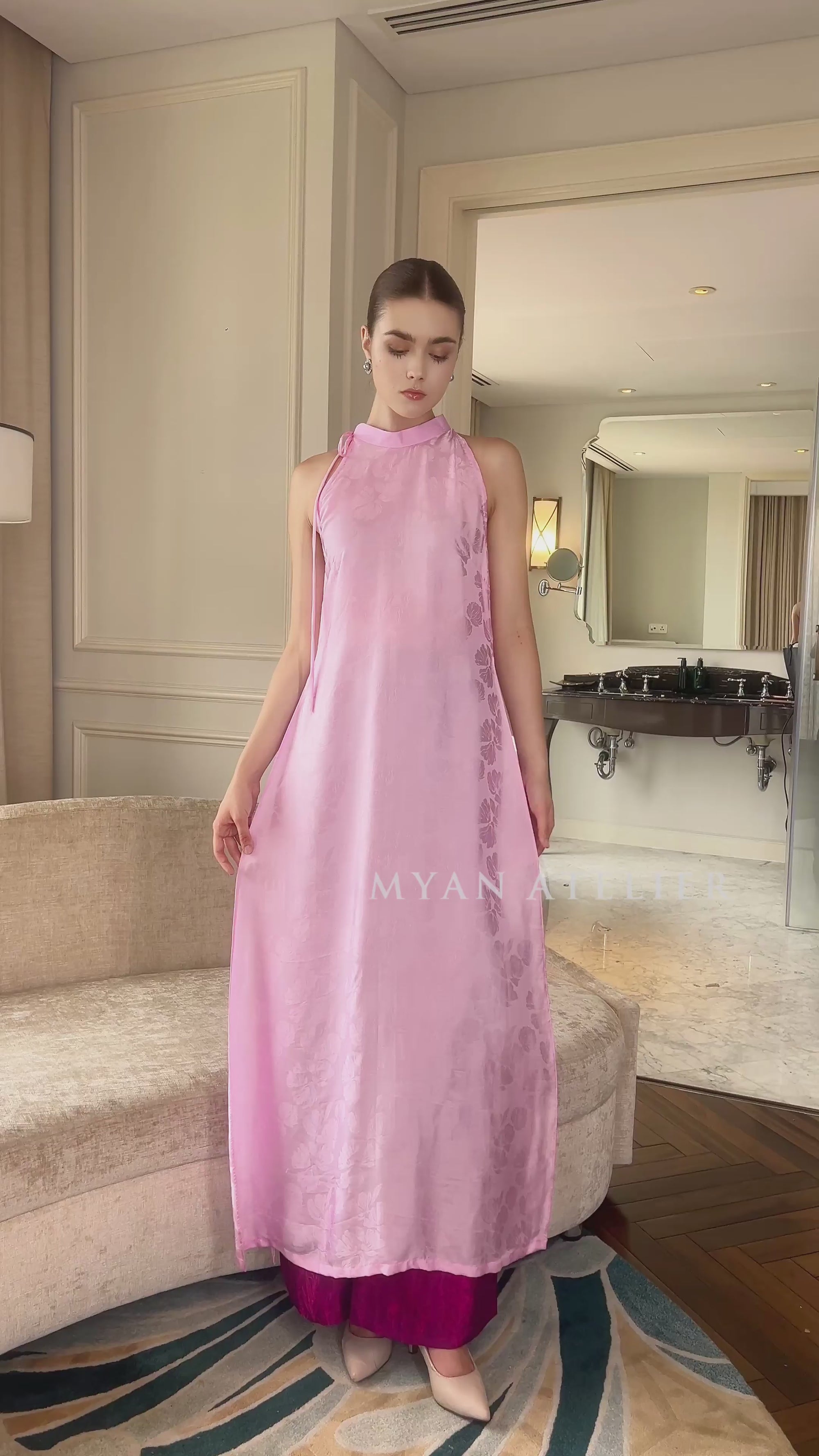 modern pink halter Vietnamese silk dress