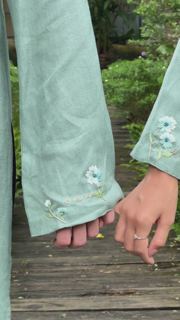 Hand-embroidered linen ao dai couple set