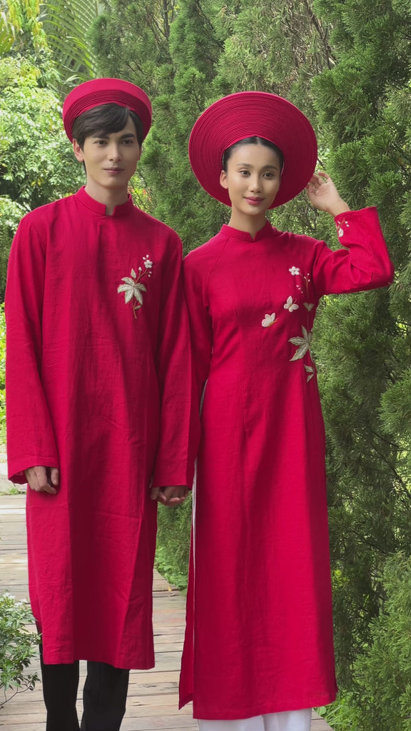 Matching red linen ao dai wedding set