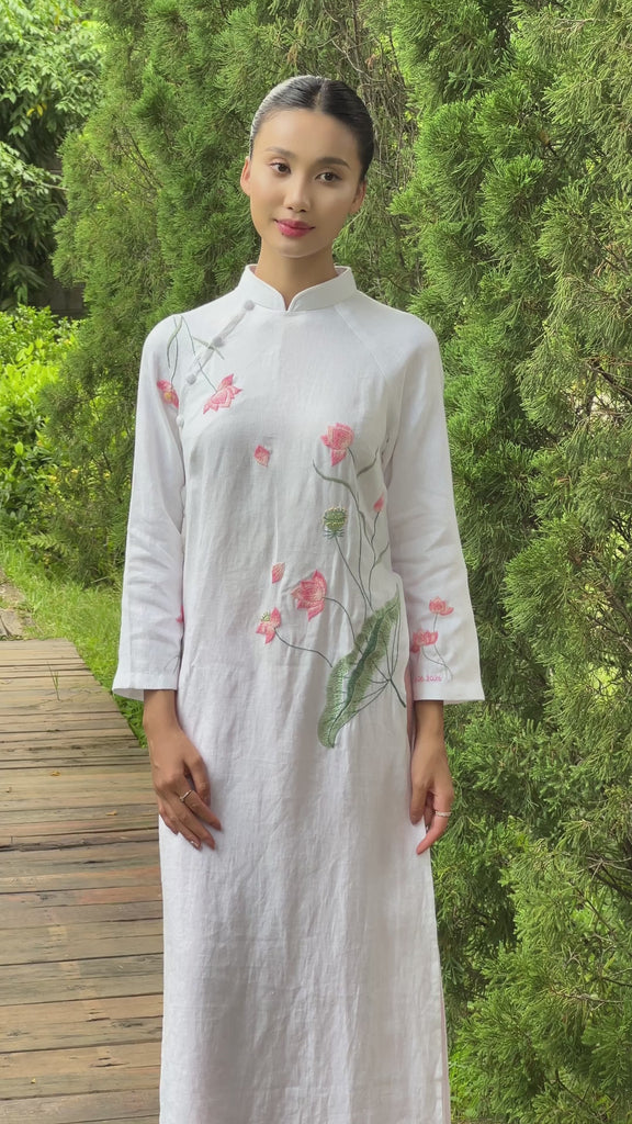 Hand-embroidered white linen ao dai