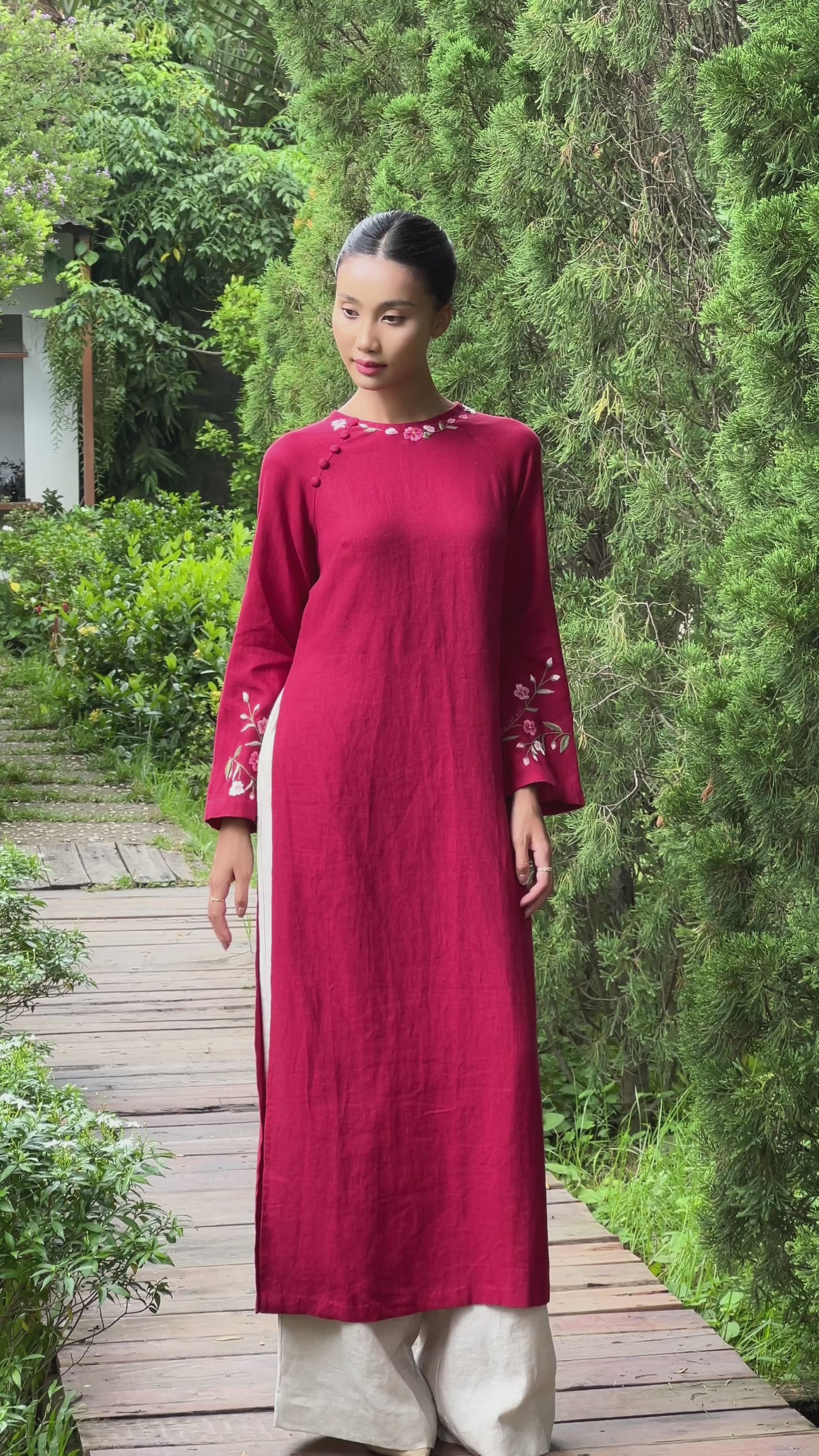 Hand-embroidered red ao dai for bride