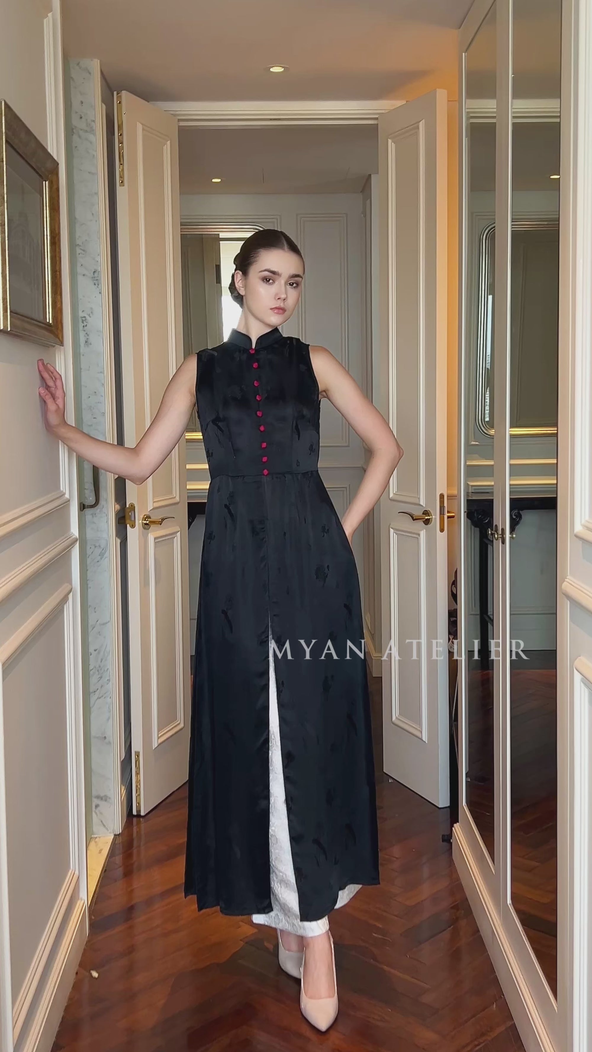 modern black silk Vietnamese dress