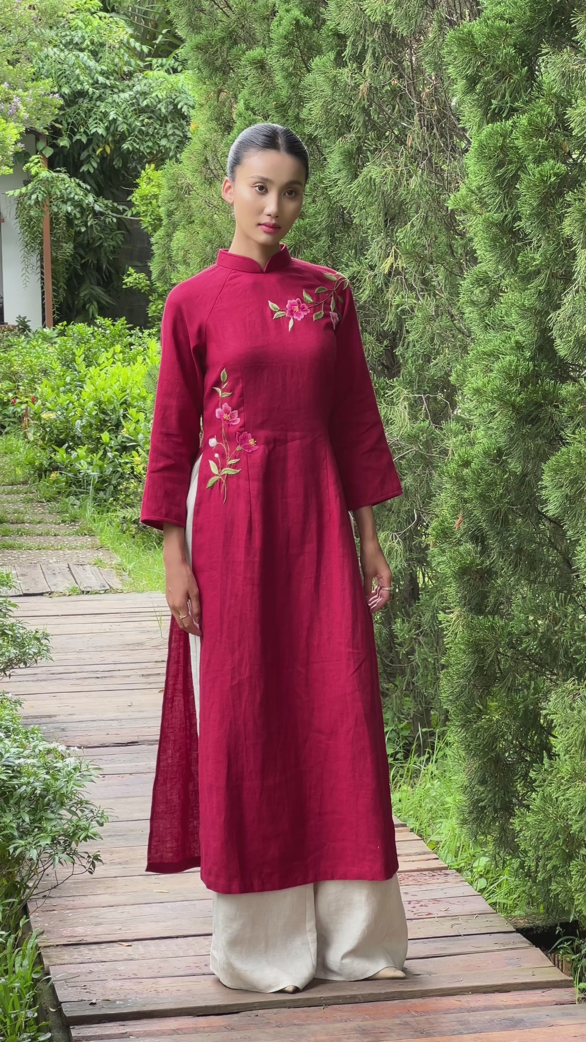 Red linen ao dai with floral embroidery