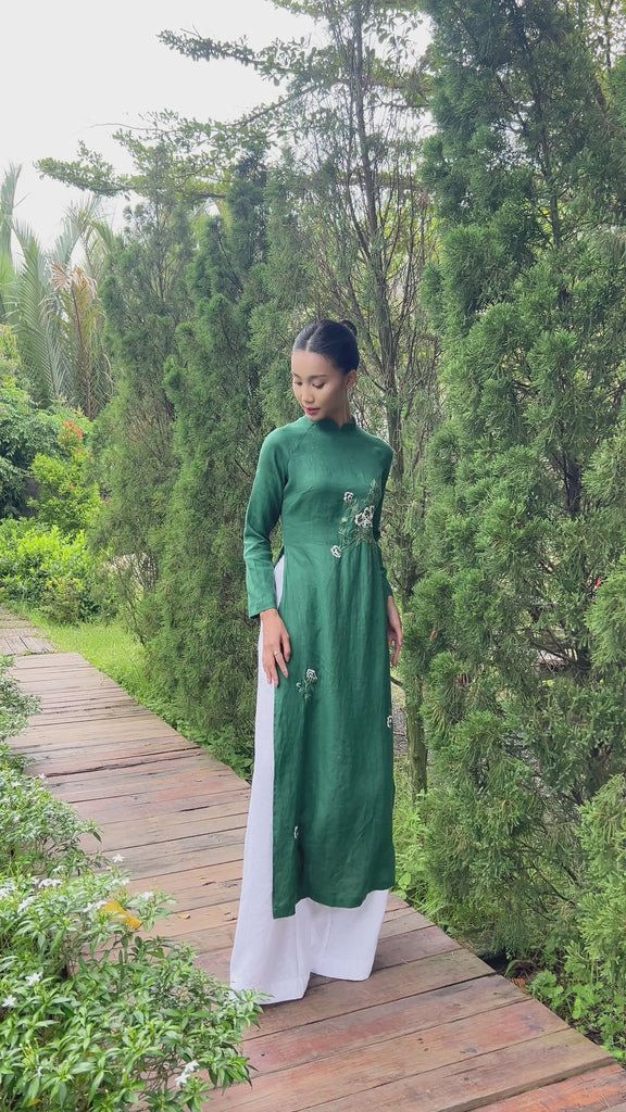 Hand-embroidered traditional linen ao dai