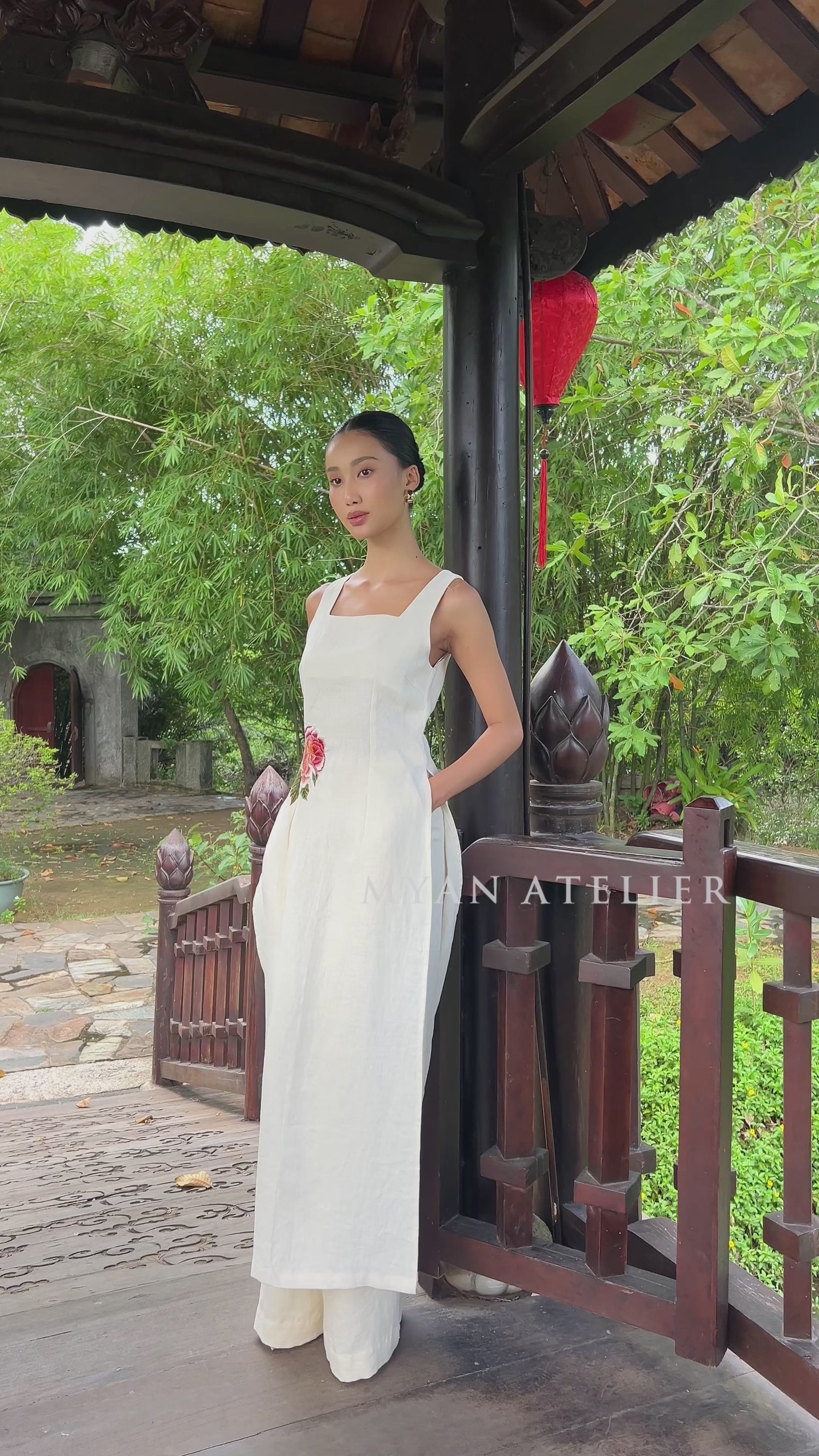 embroidered square neck Vietnamese dress
