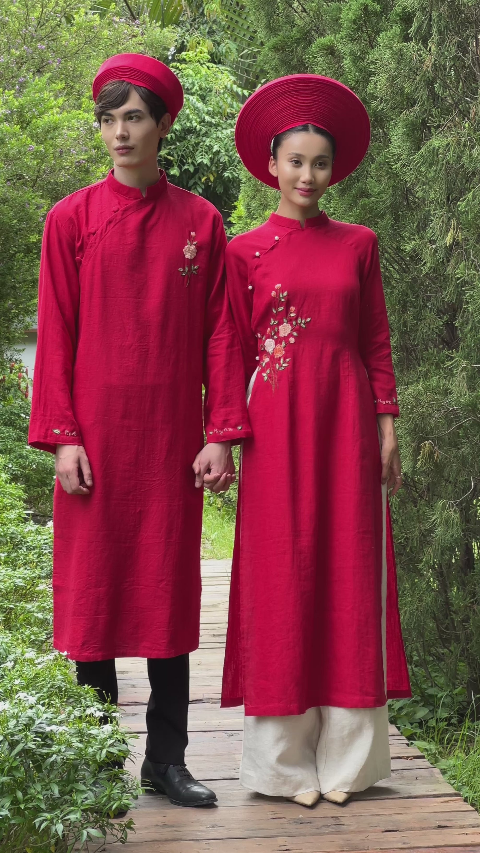 Red linen ao dai wedding dress
