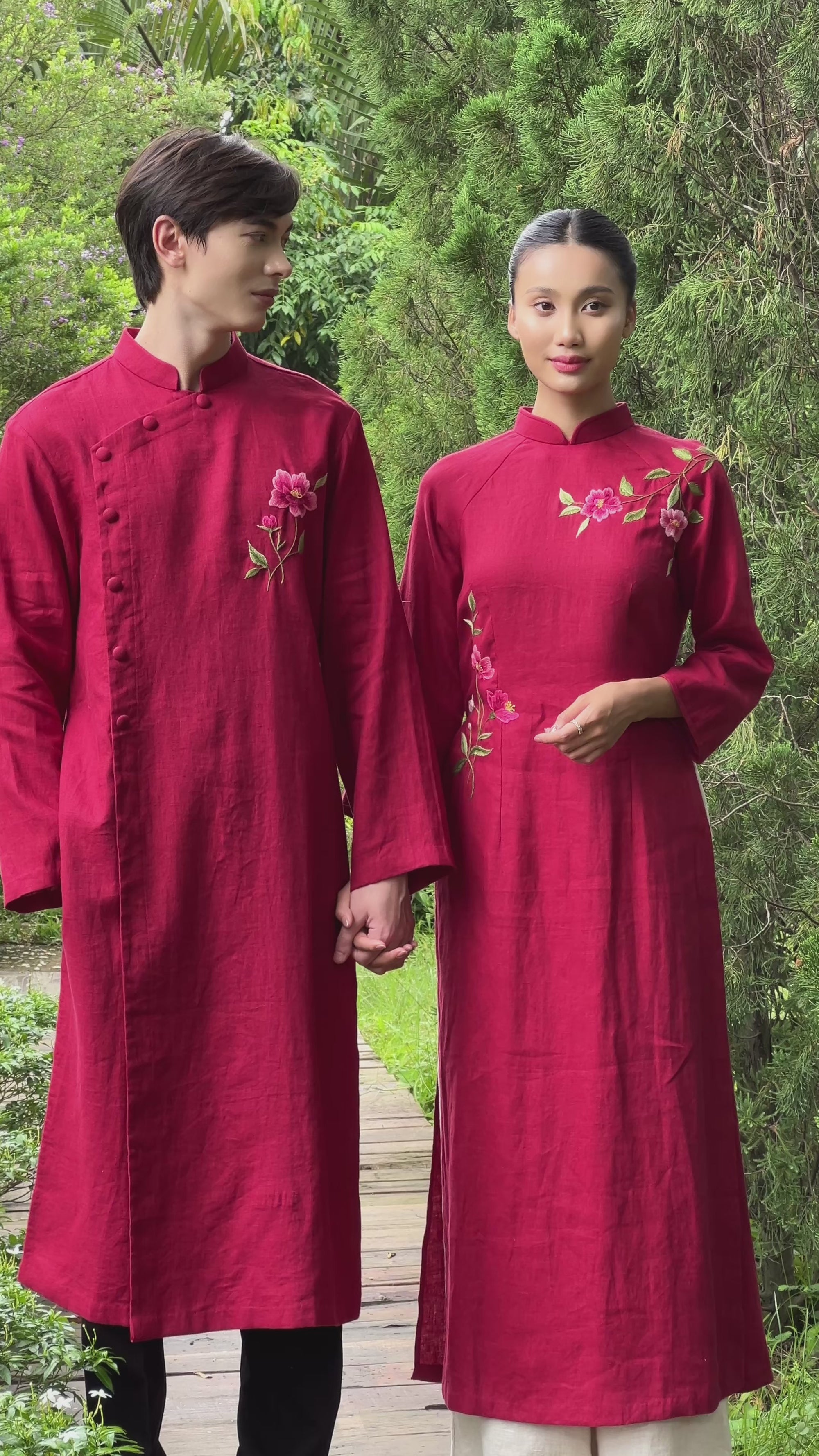 Matching red Vietnamese wedding attire