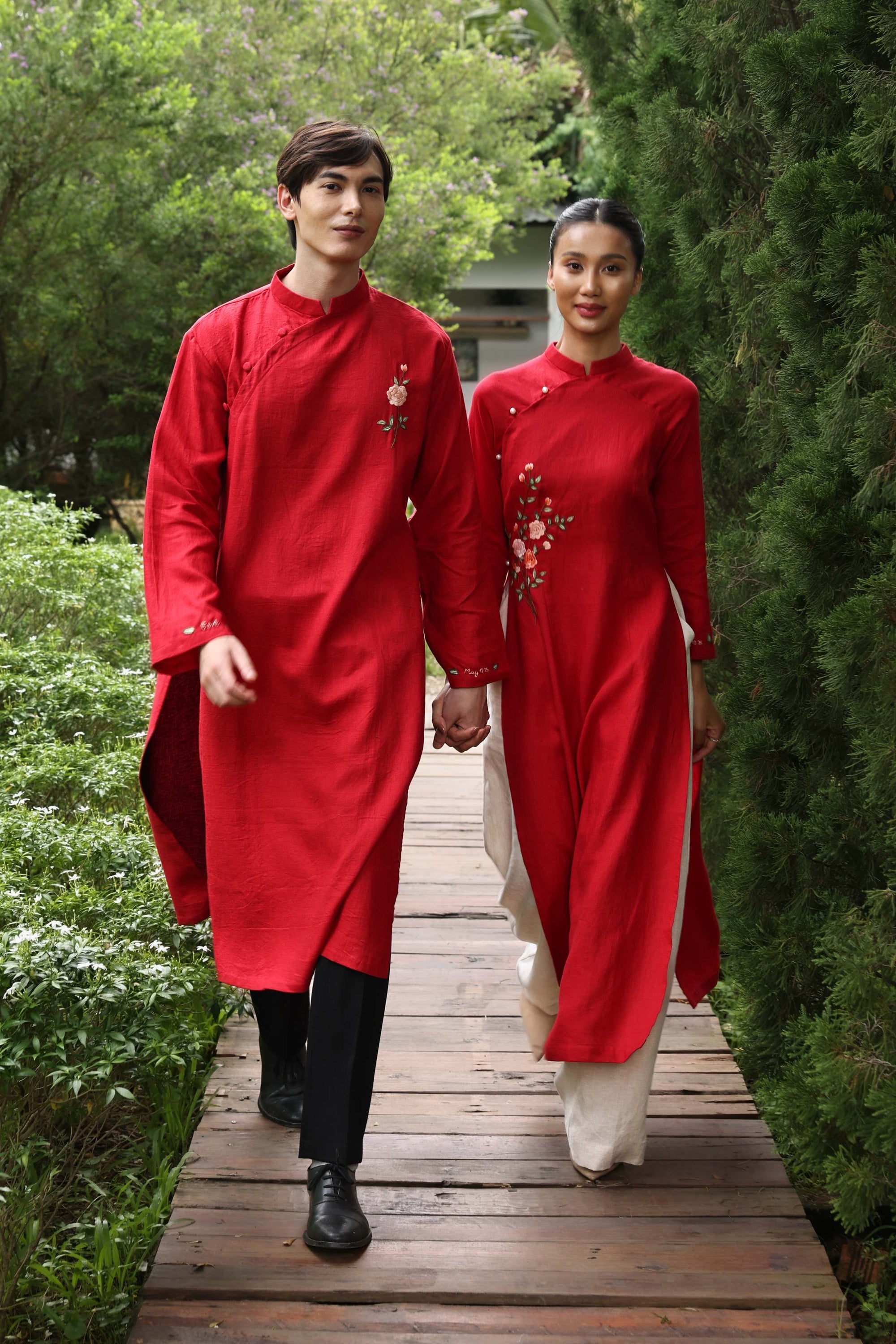 Red linen ao dai wedding dress