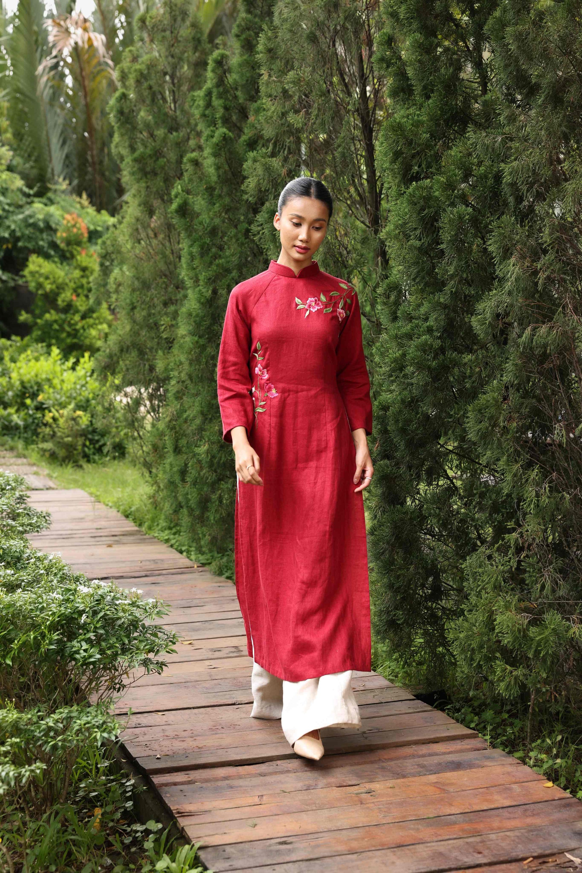 Red linen ao dai with floral embroidery