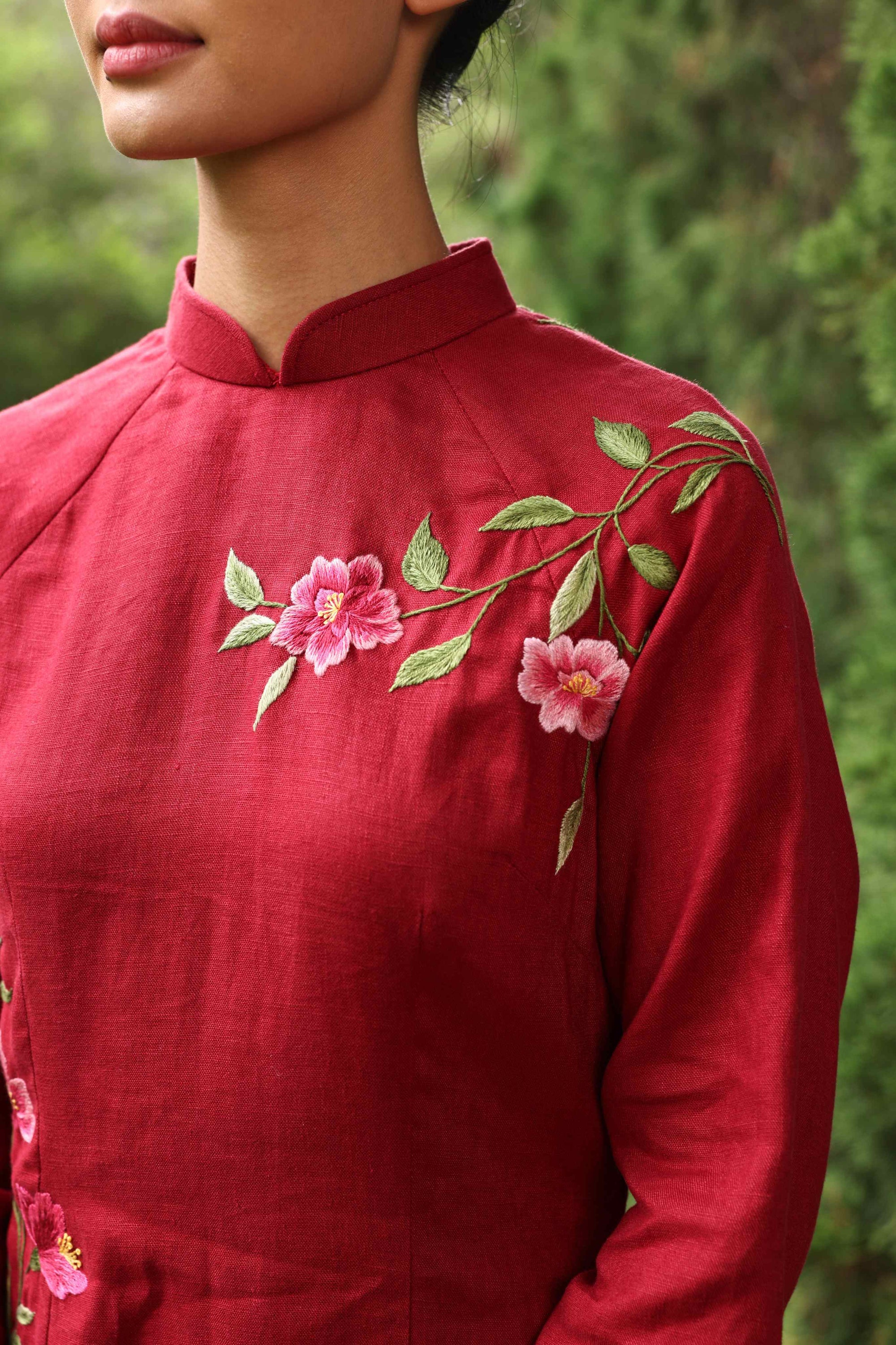 Red ao dai with floral embroidery