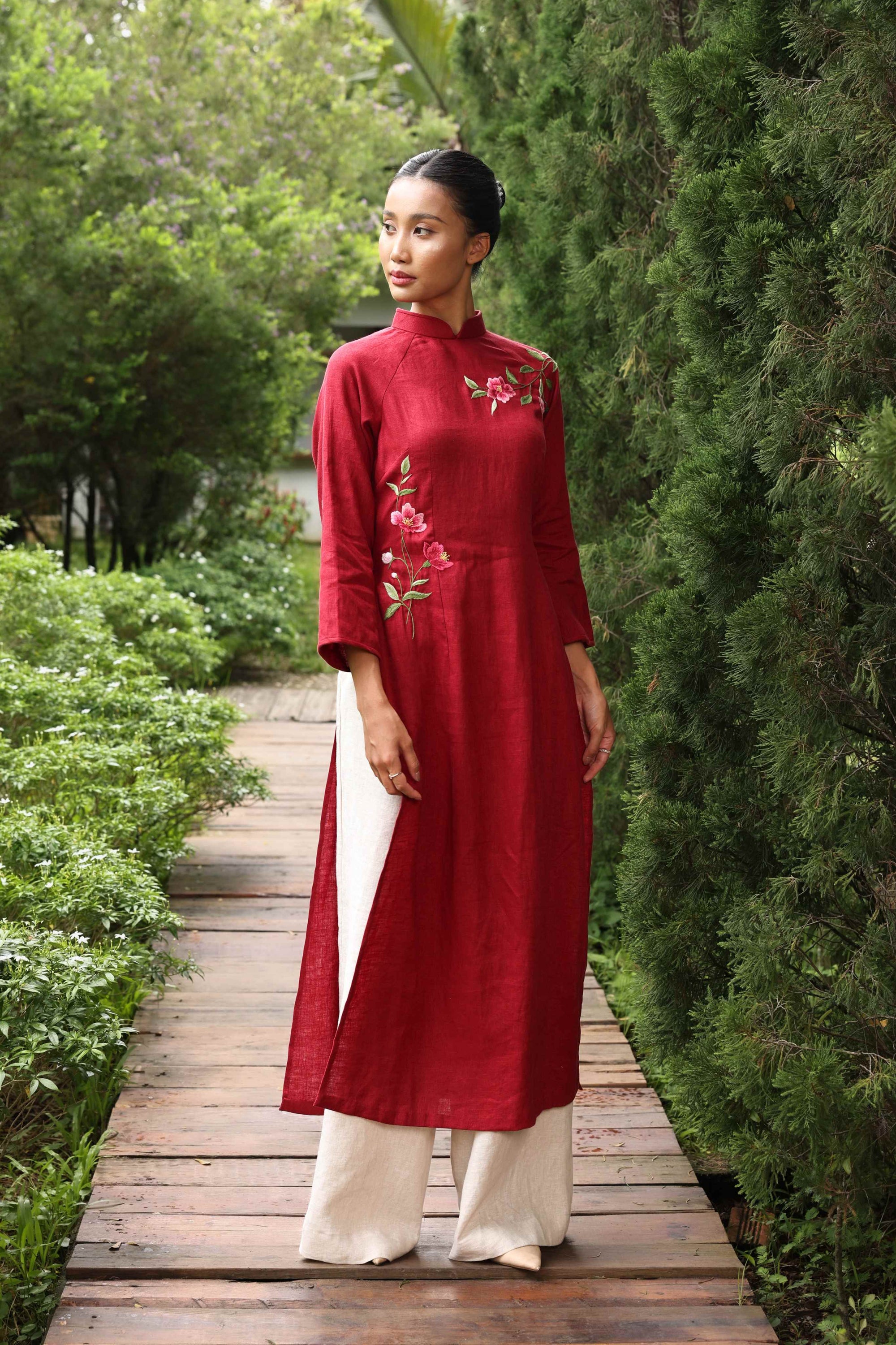 Red ao dai with floral embroidery
