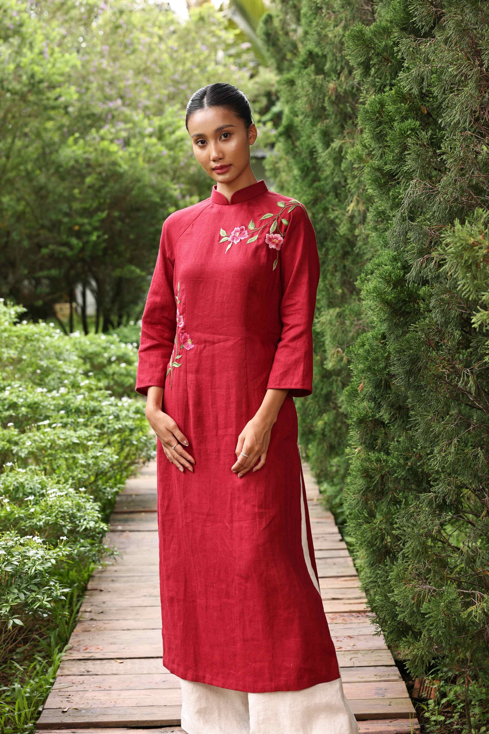 Red ao dai with floral embroidery